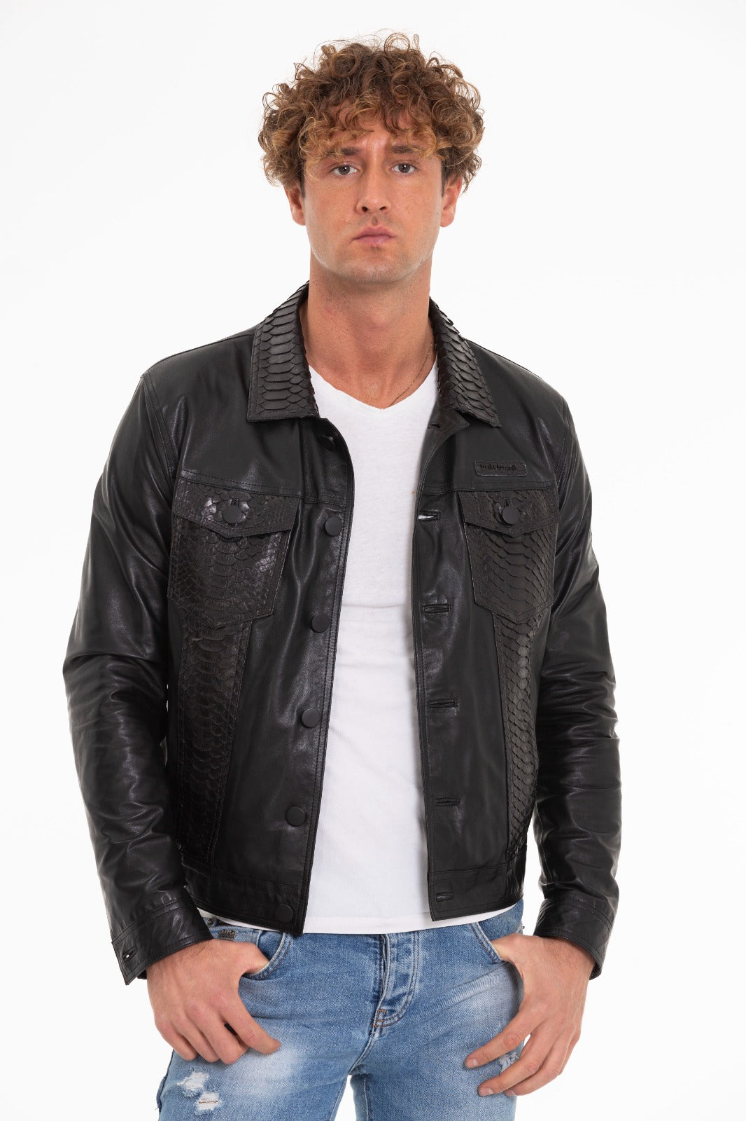 Chaqueta de piel de pitón negra para hombre de Cacin 