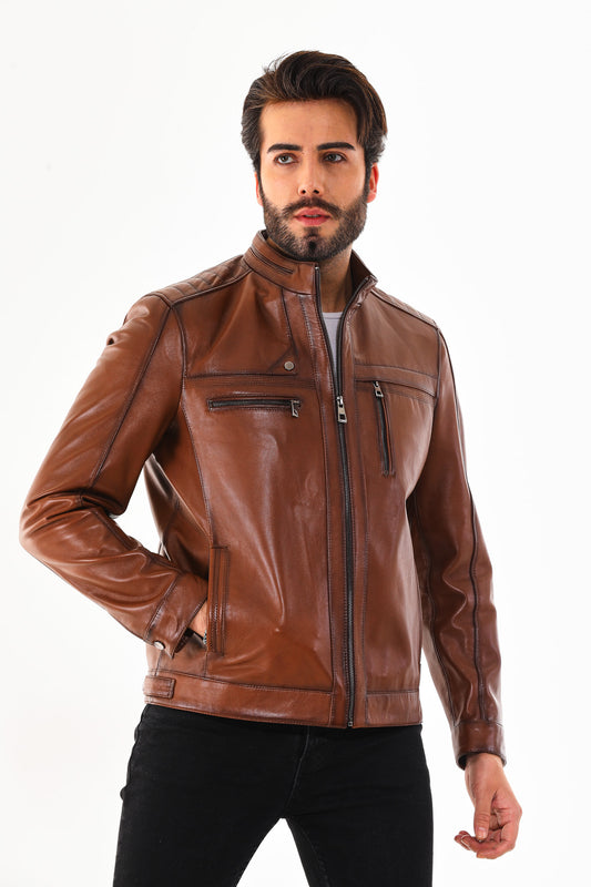 The Rossi Cognac Brown Leather Men Jacket