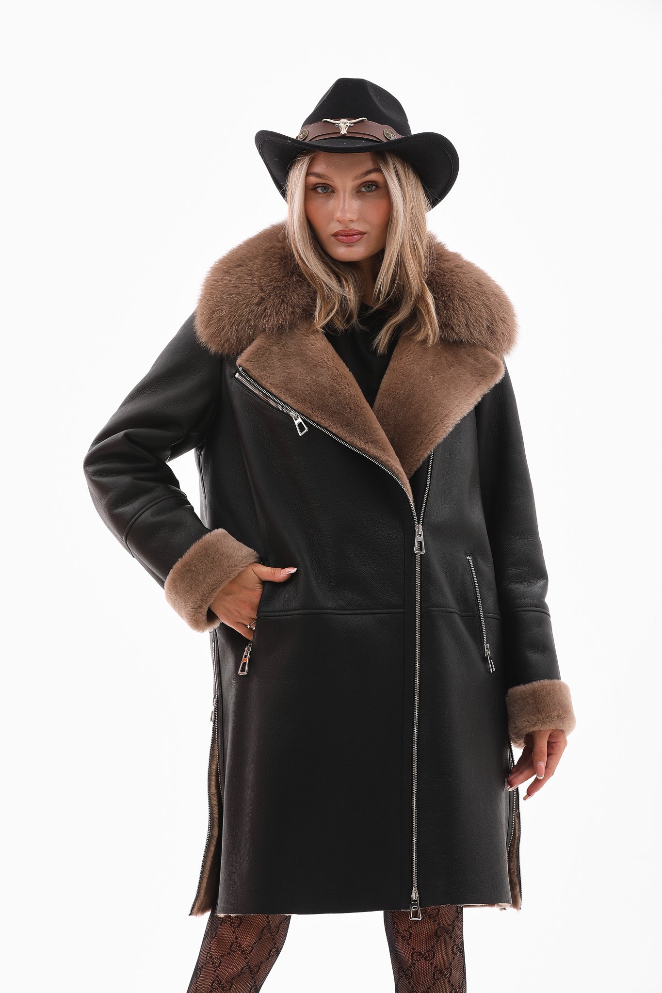 The Onyx Caramel Shearling & Fox Fur Leather Women Jacket