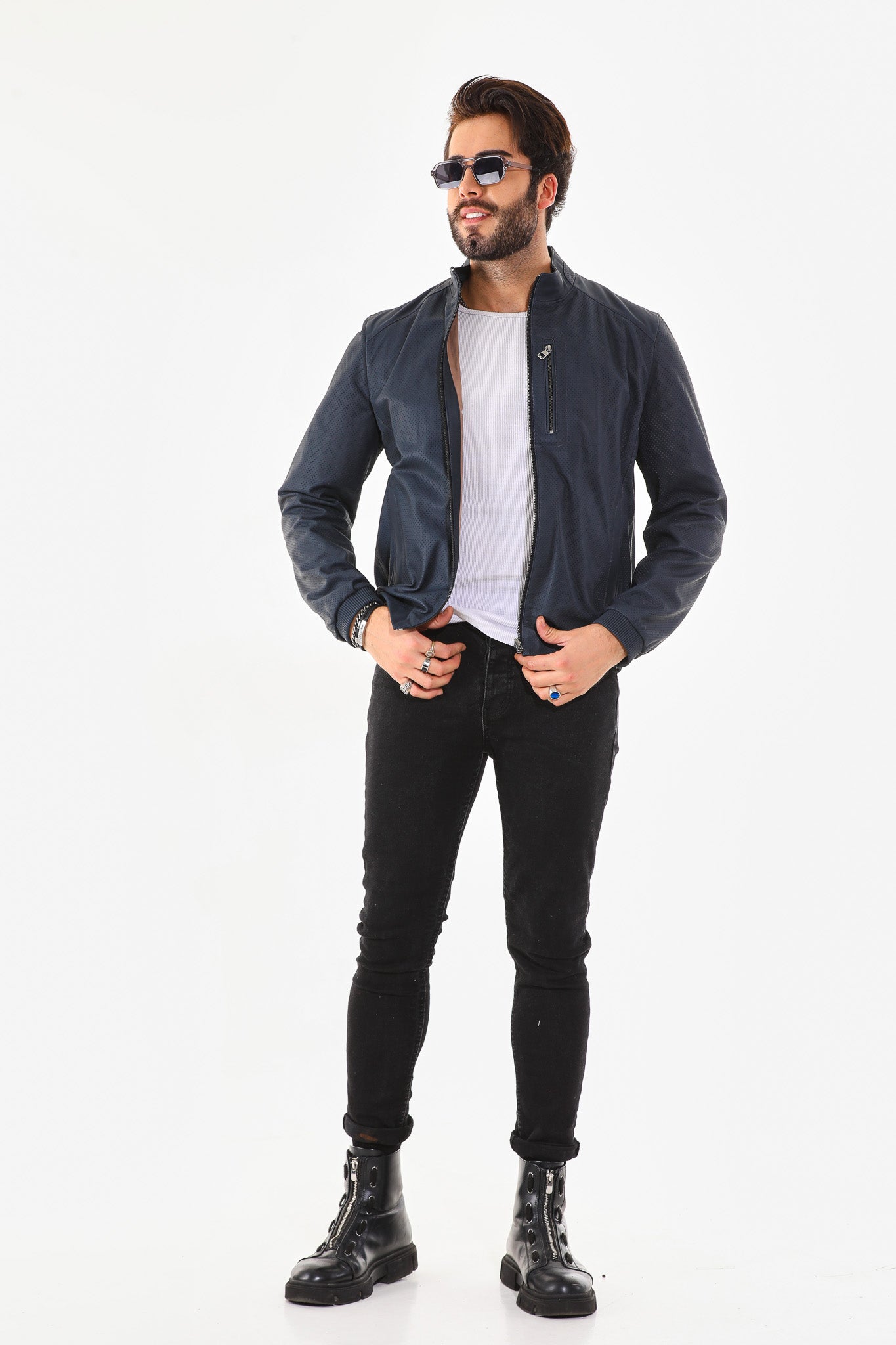 The Como Navy Blue Leather Bomber Jacket