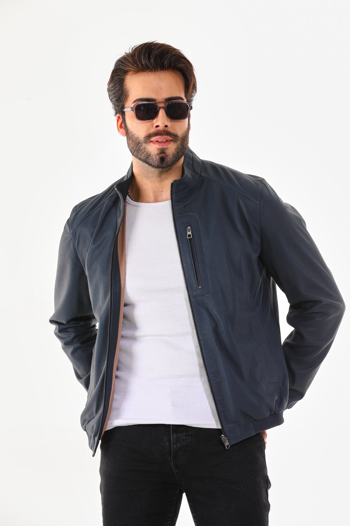 The Como Navy Blue Leather Bomber Jacket
