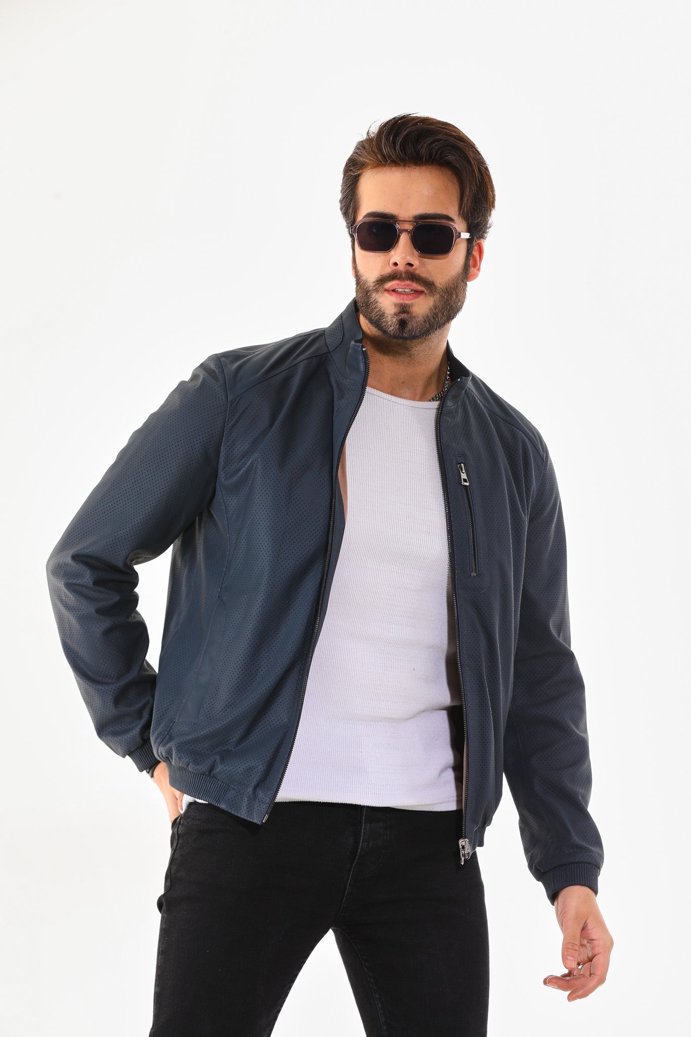 The Como Navy Blue Leather Bomber Jacket