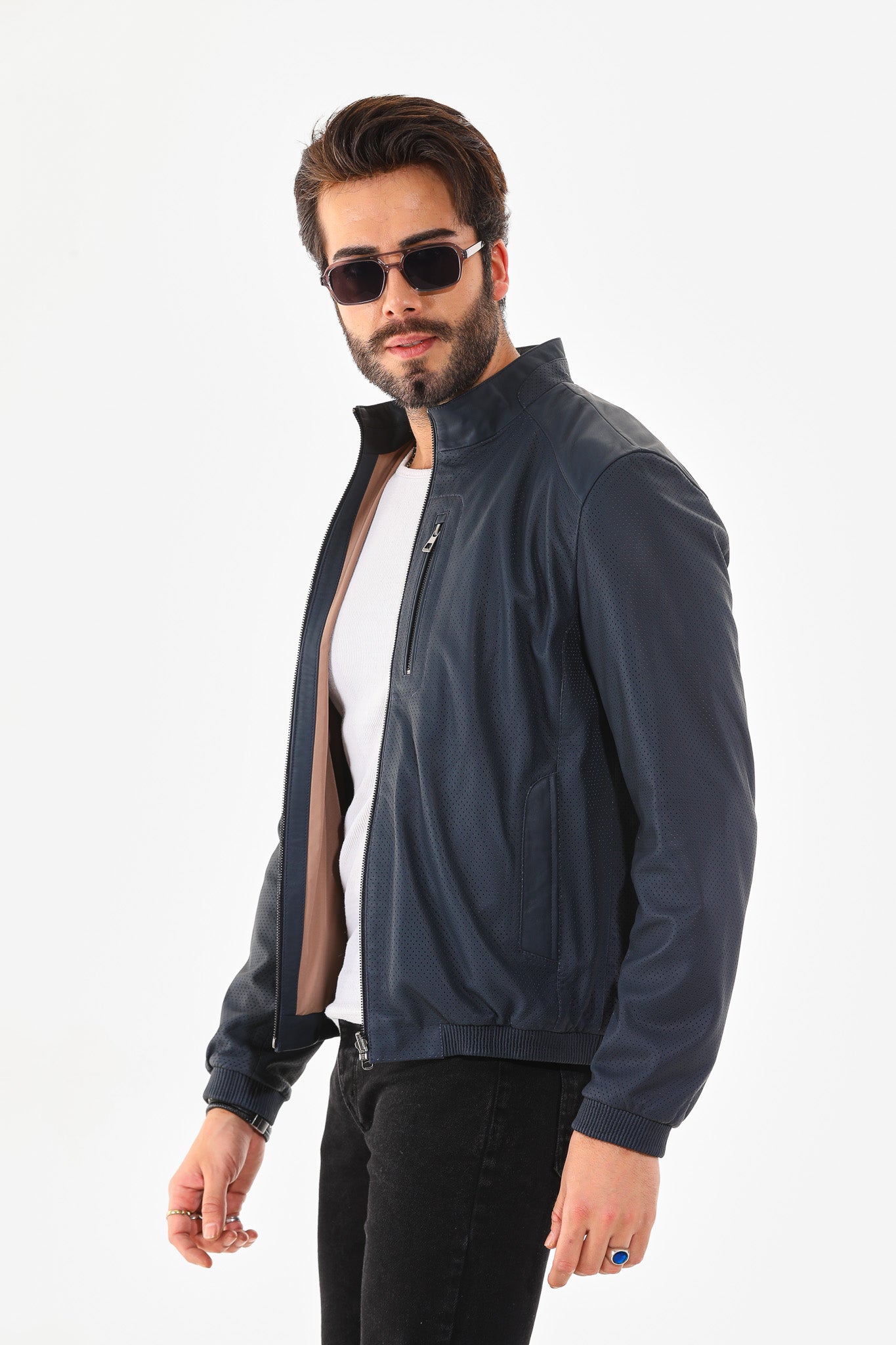 The Como Navy Blue Leather Bomber Jacket