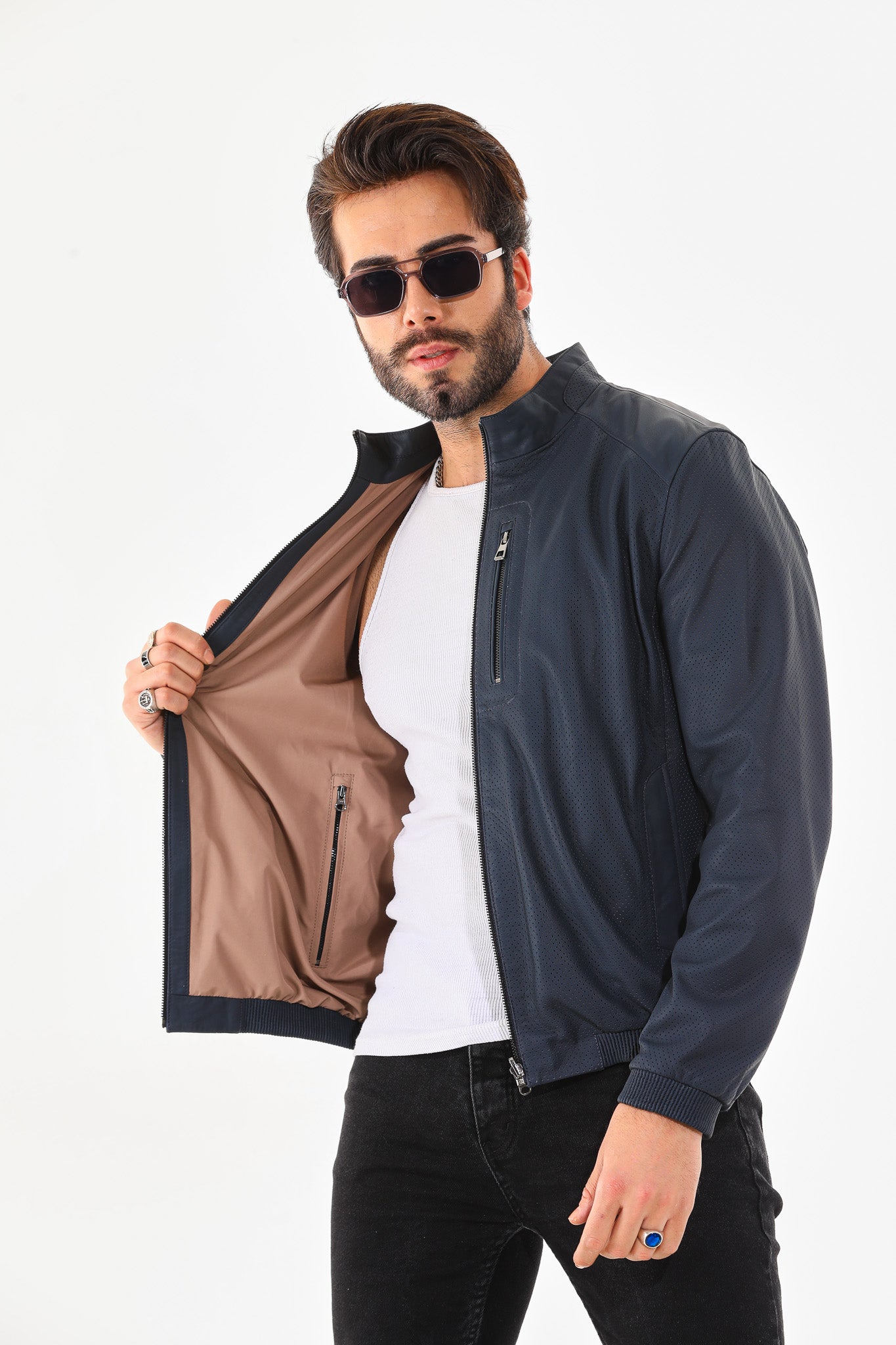 The Como Navy Blue Leather Bomber Jacket
