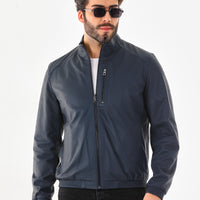 The Como Navy Blue Leather Bomber Jacket