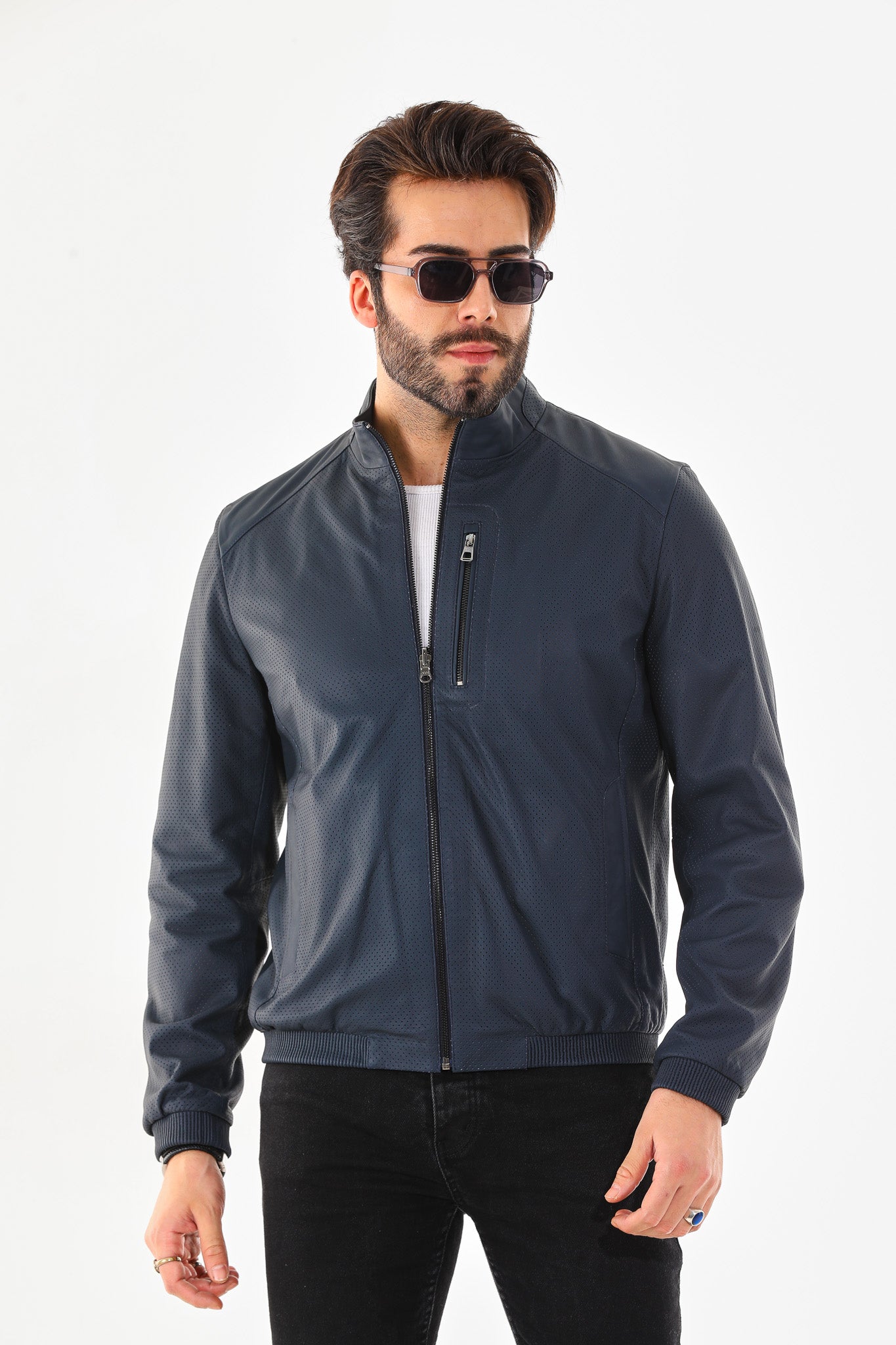 The Como Navy Blue Leather Bomber Jacket