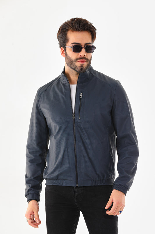 The Como Navy Blue Leather Bomber Jacket