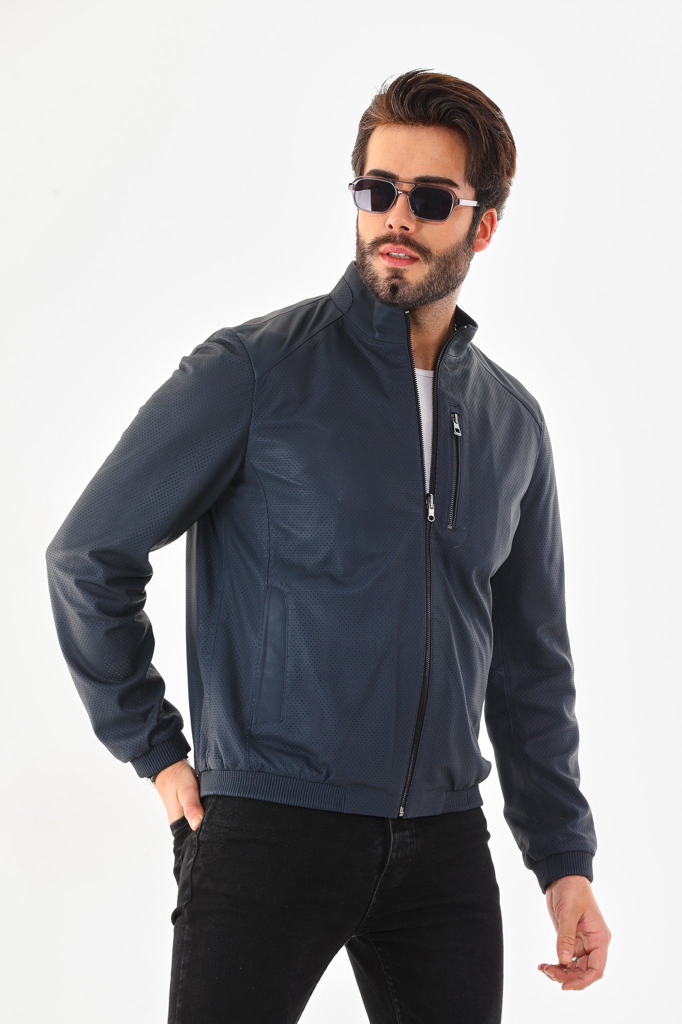 The Como Navy Blue Leather Bomber Jacket