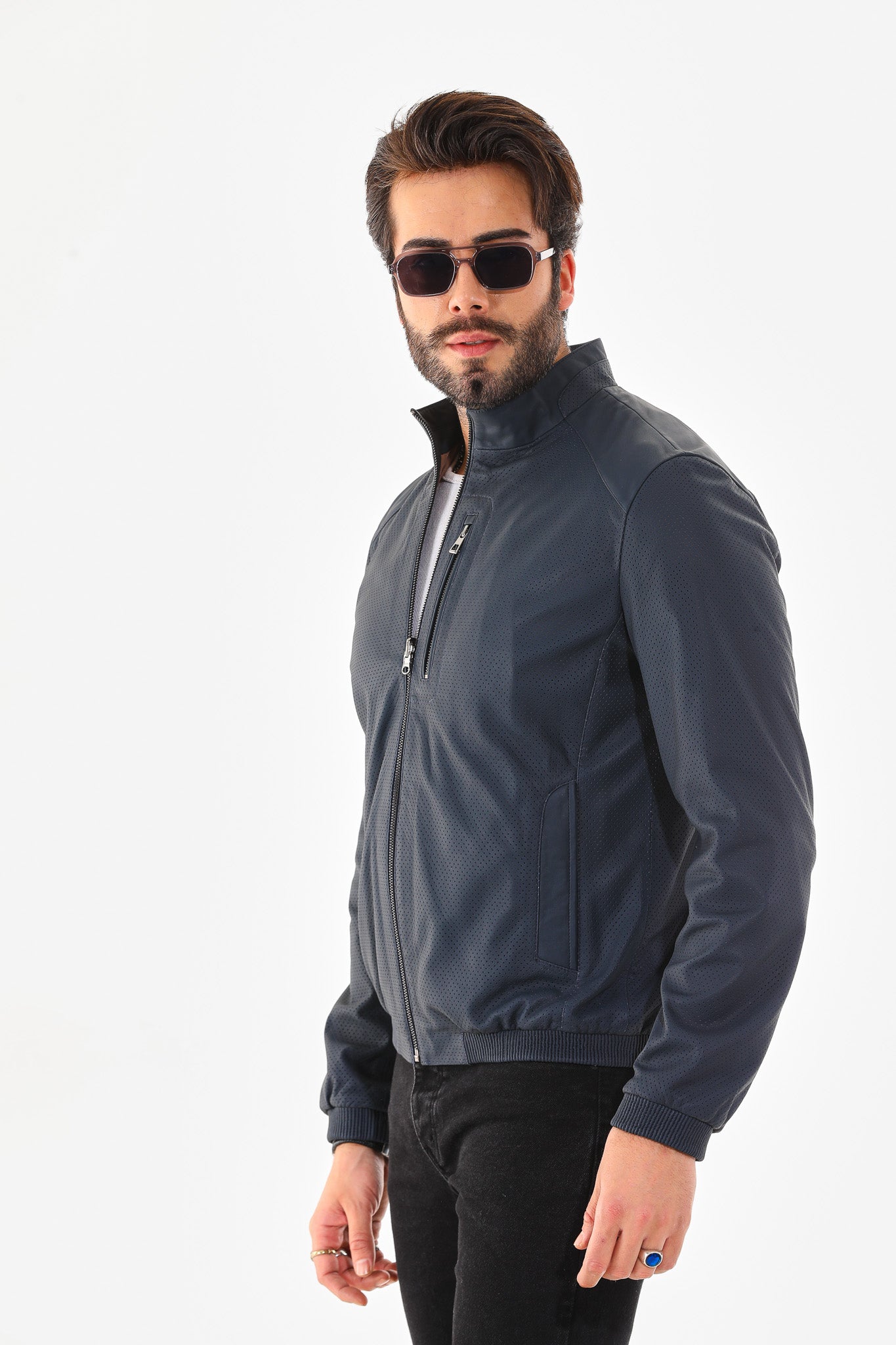 The Como Navy Blue Leather Bomber Jacket