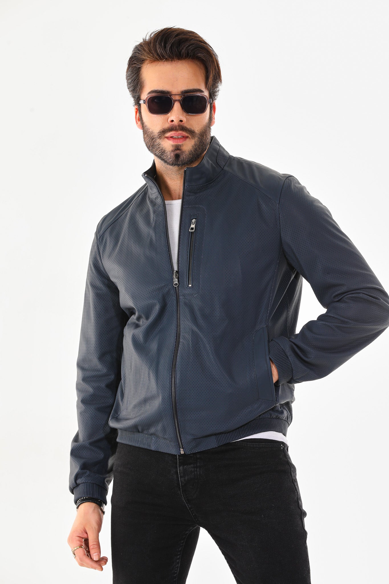 The Como Navy Blue Leather Bomber Jacket