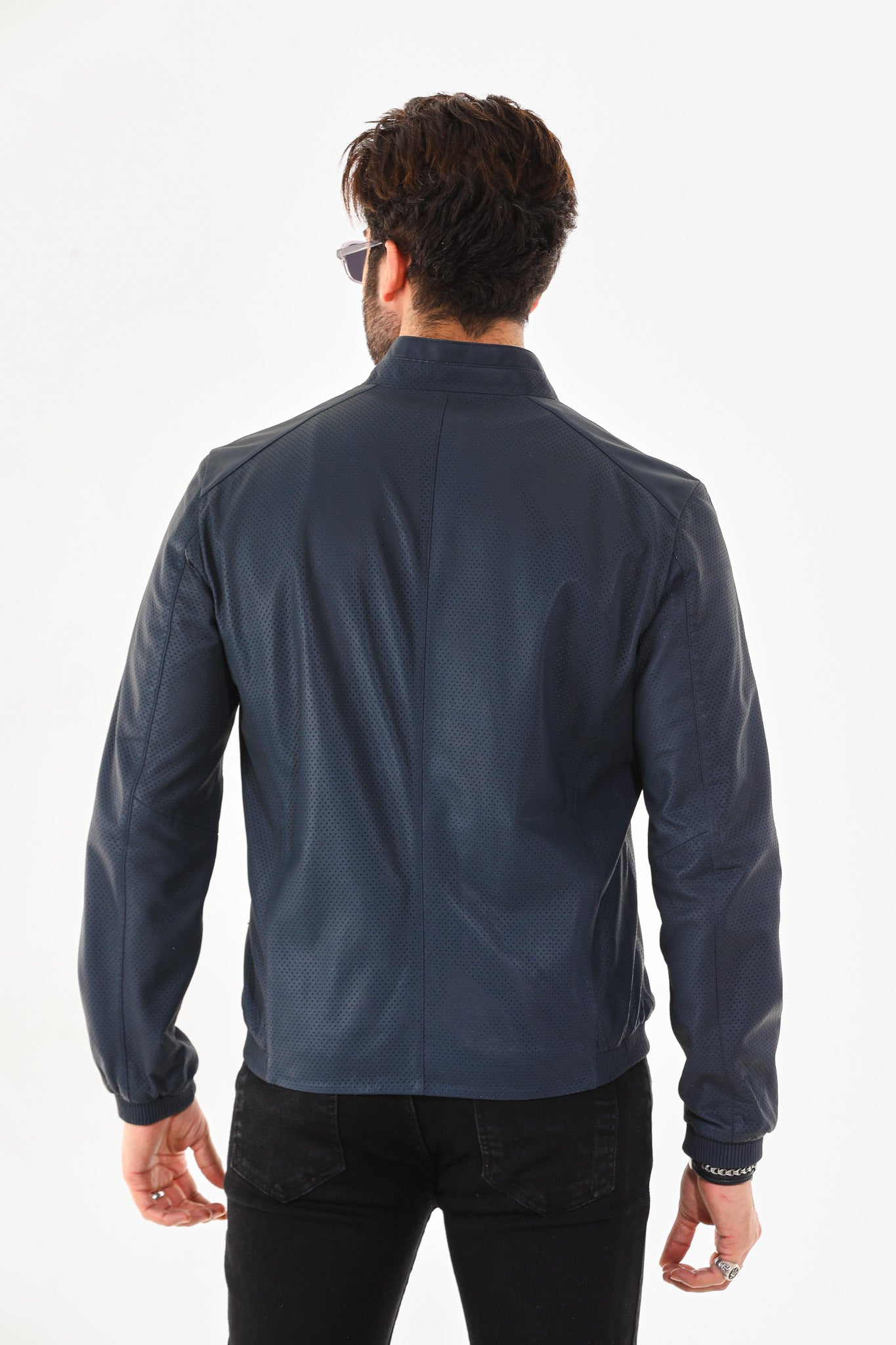The Como Navy Blue Leather Bomber Jacket