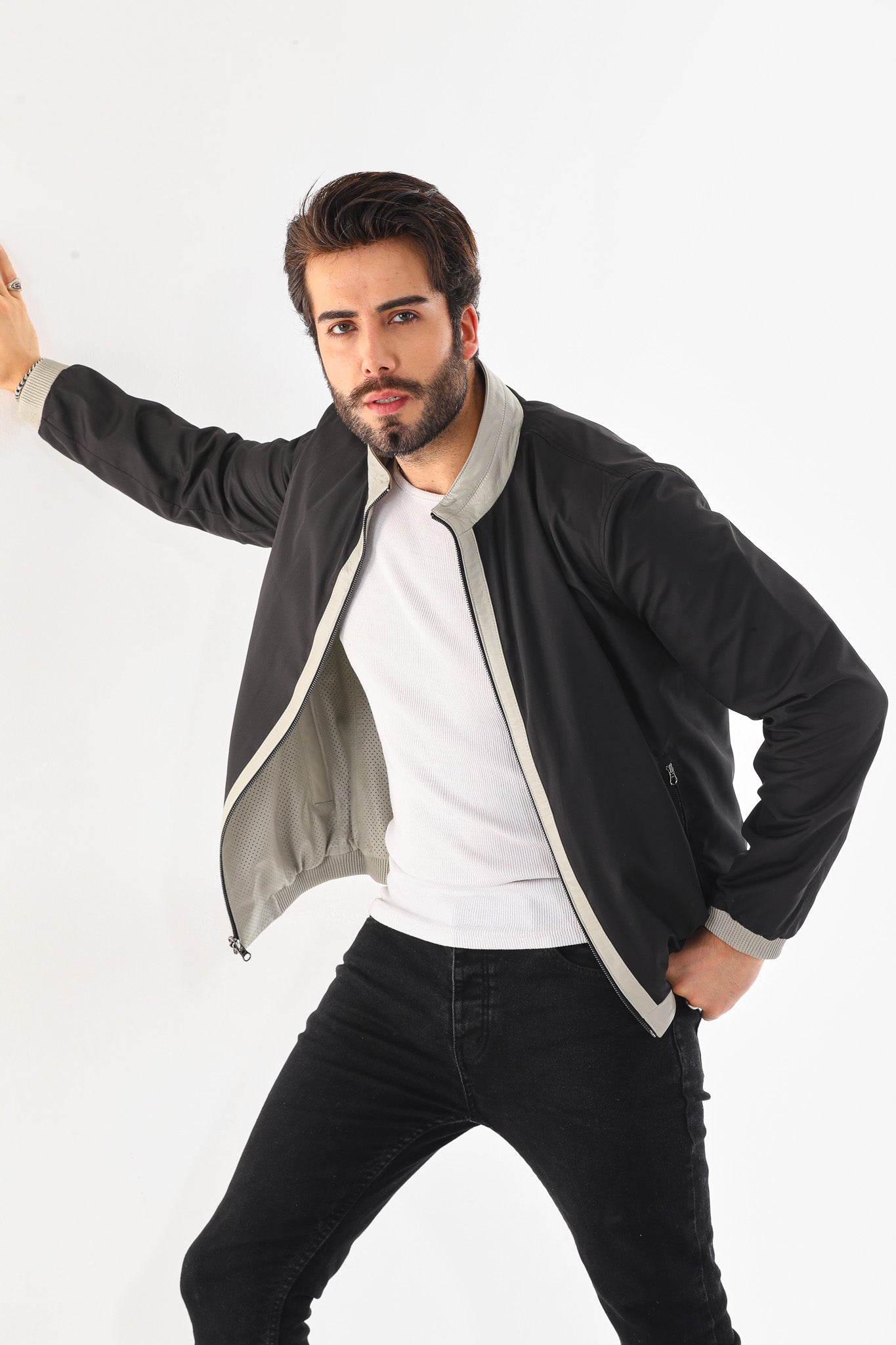 The Como Reversible Cream & Black Leather Bomber Jacket