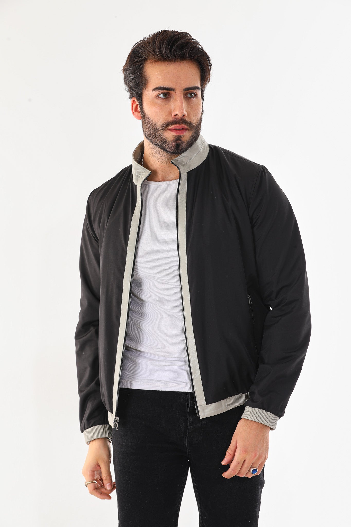 The Como Reversible Cream & Black Leather Bomber Jacket