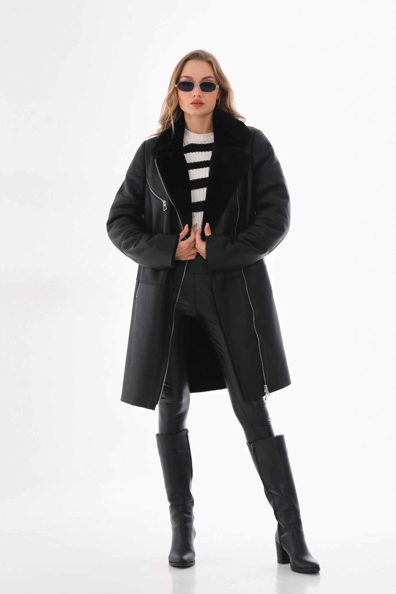 The Onyx Black Shearling & Fox Fur Leather Women Jacket