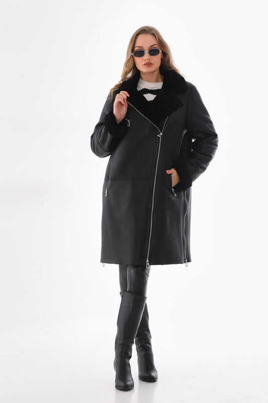 The Onyx Black Shearling & Fox Fur Leather Women Jacket