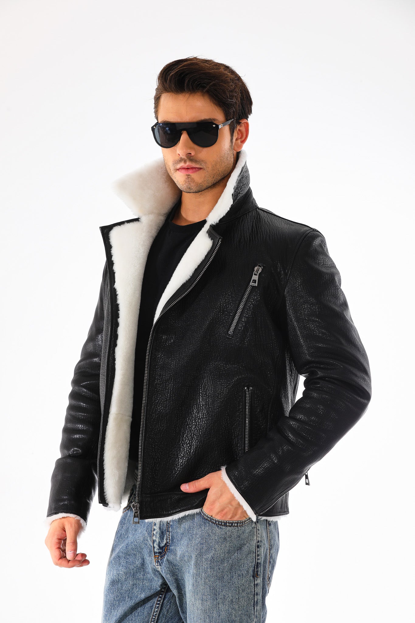 The Cortina Black Shearling Leather Men Jacket