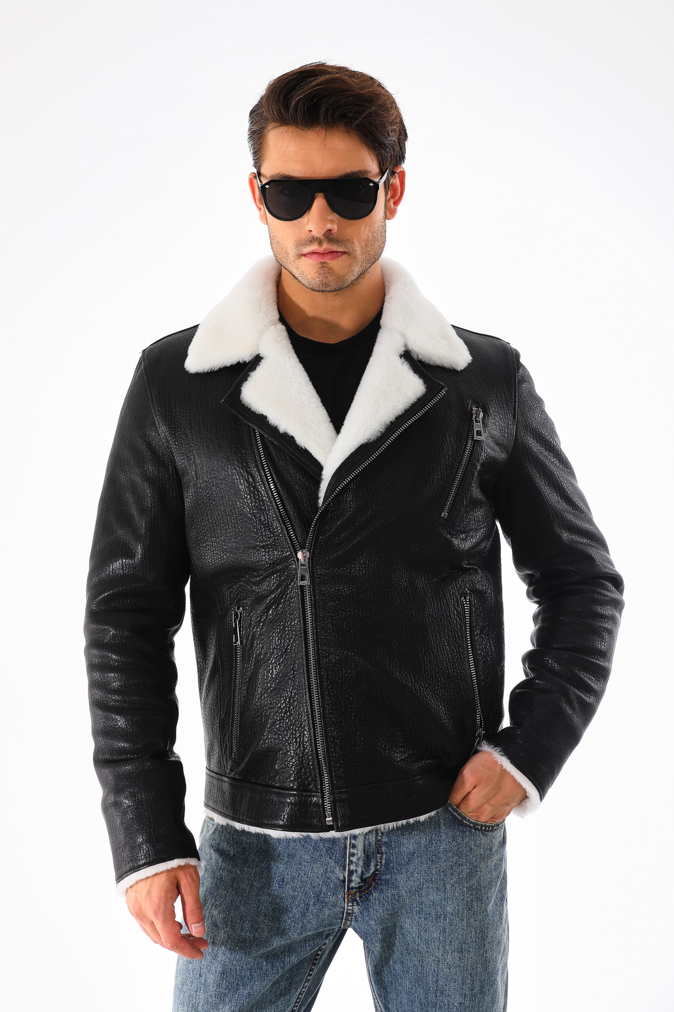 The Cortina Black Shearling Leather Men Jacket