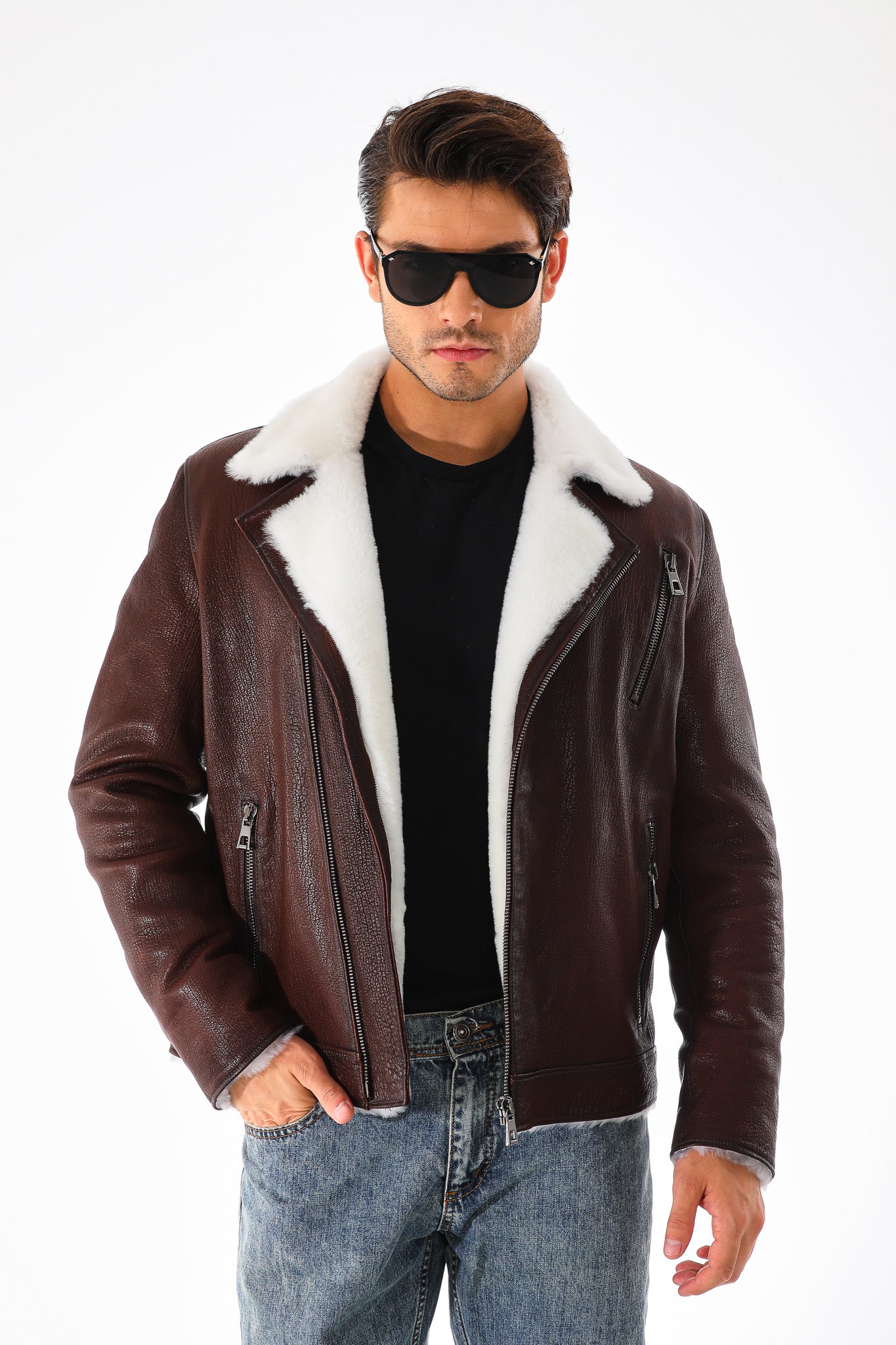 The Cortina Brown & White Shearling Leather Men Jacket