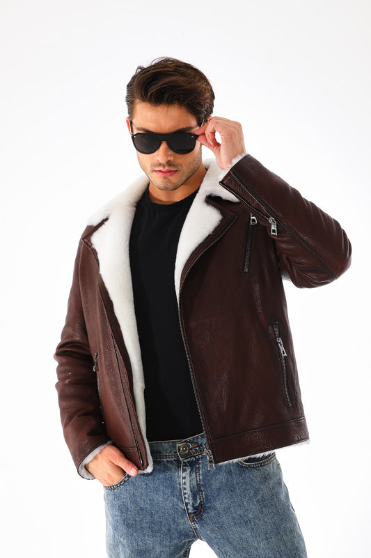 The Cortina Brown & White Shearling Leather Men Jacket
