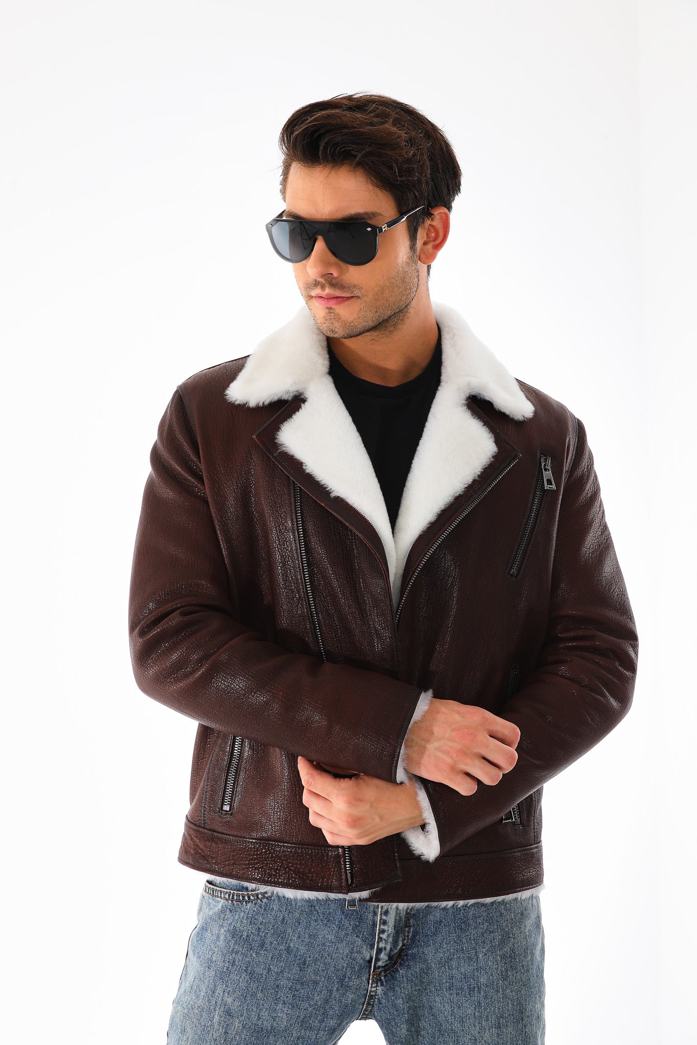 The Cortina Brown & White Shearling Leather Men Jacket