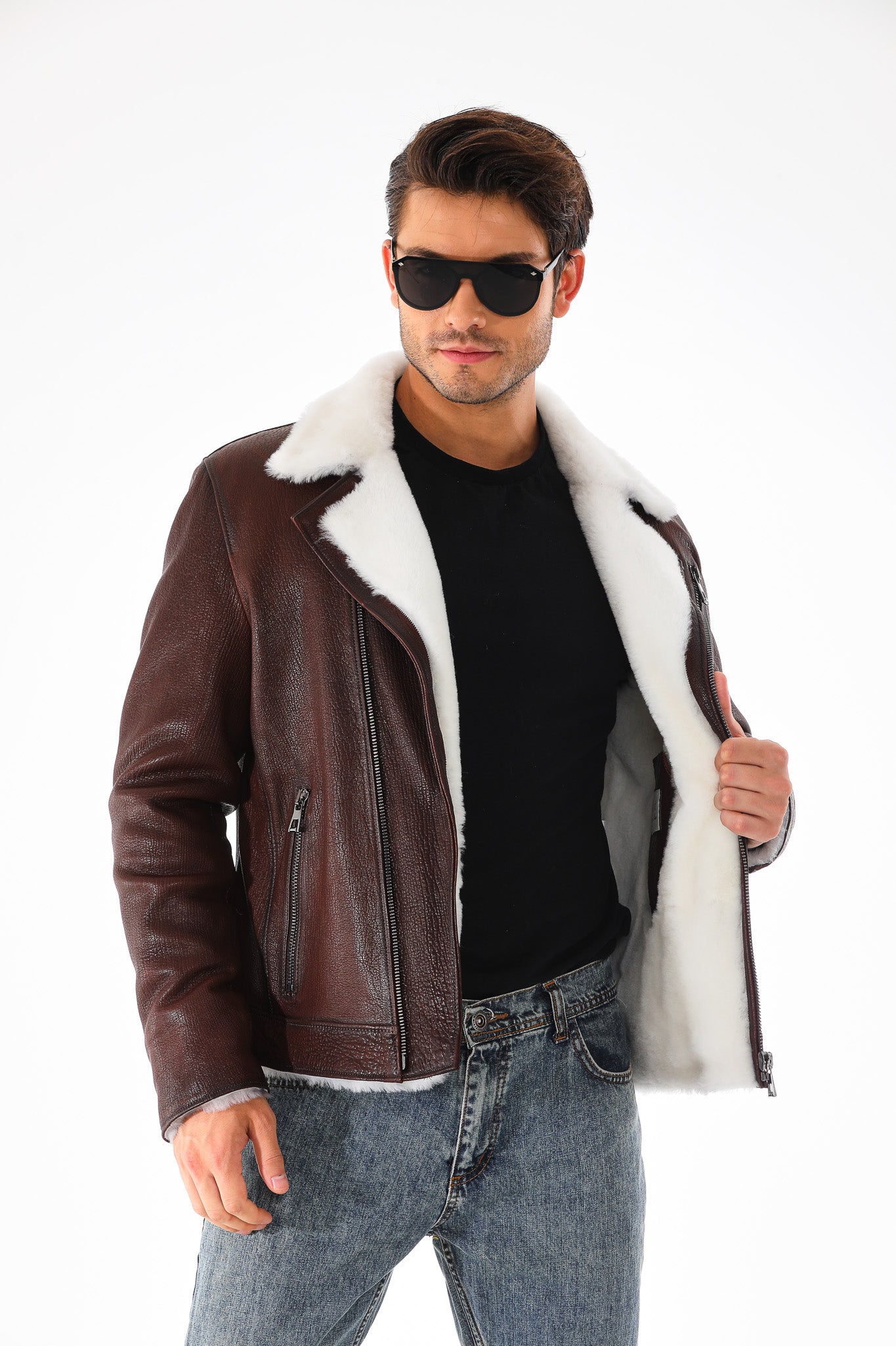 The Cortina Brown & White Shearling Leather Men Jacket