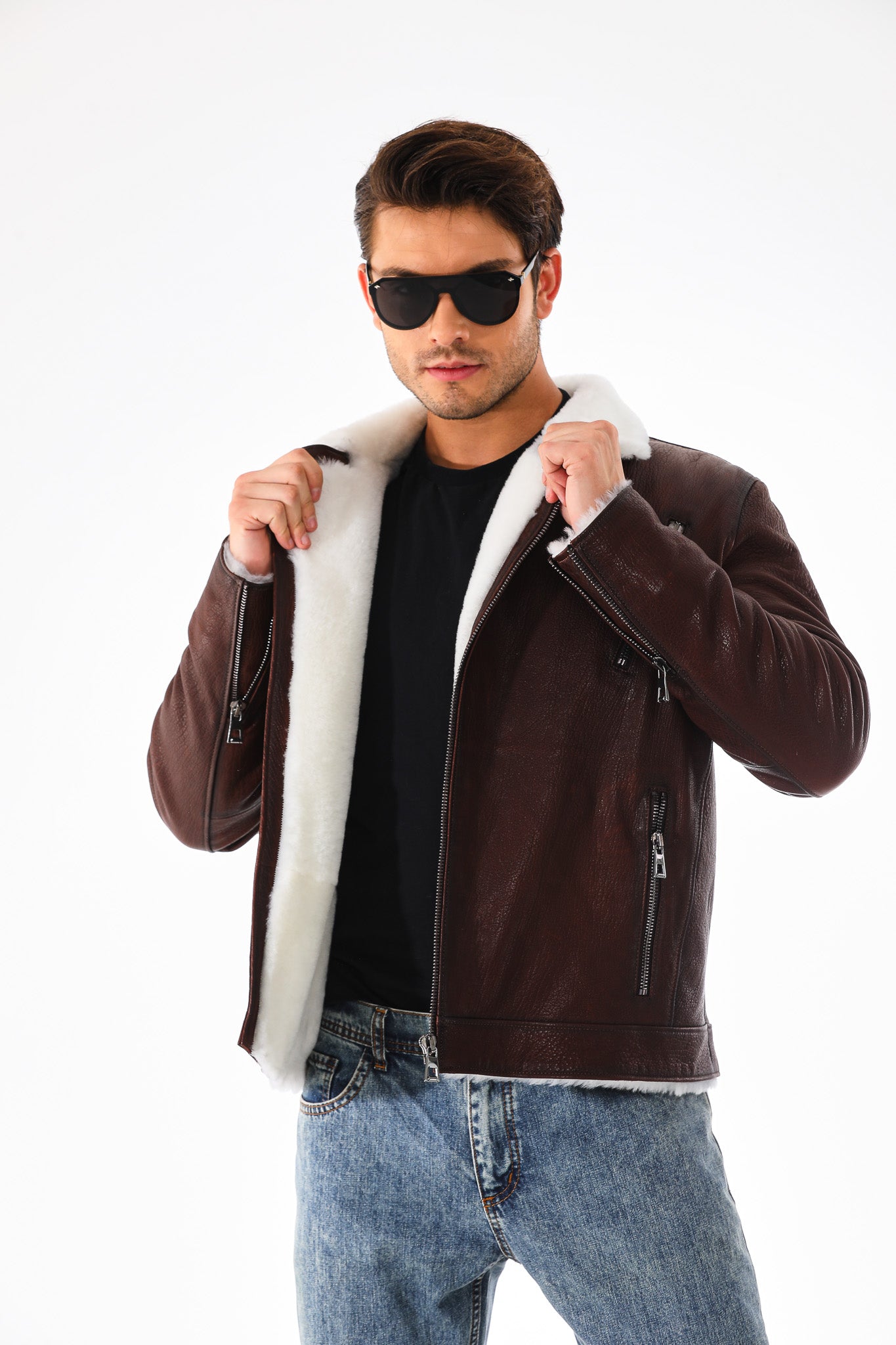 The Cortina Brown & White Shearling Leather Men Jacket