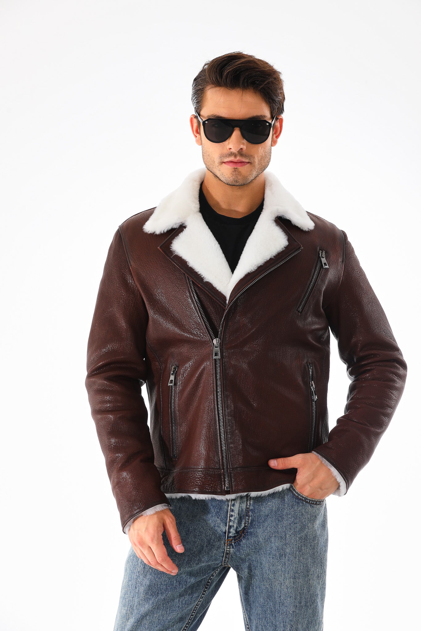 The Cortina Brown & White Shearling Leather Men Jacket