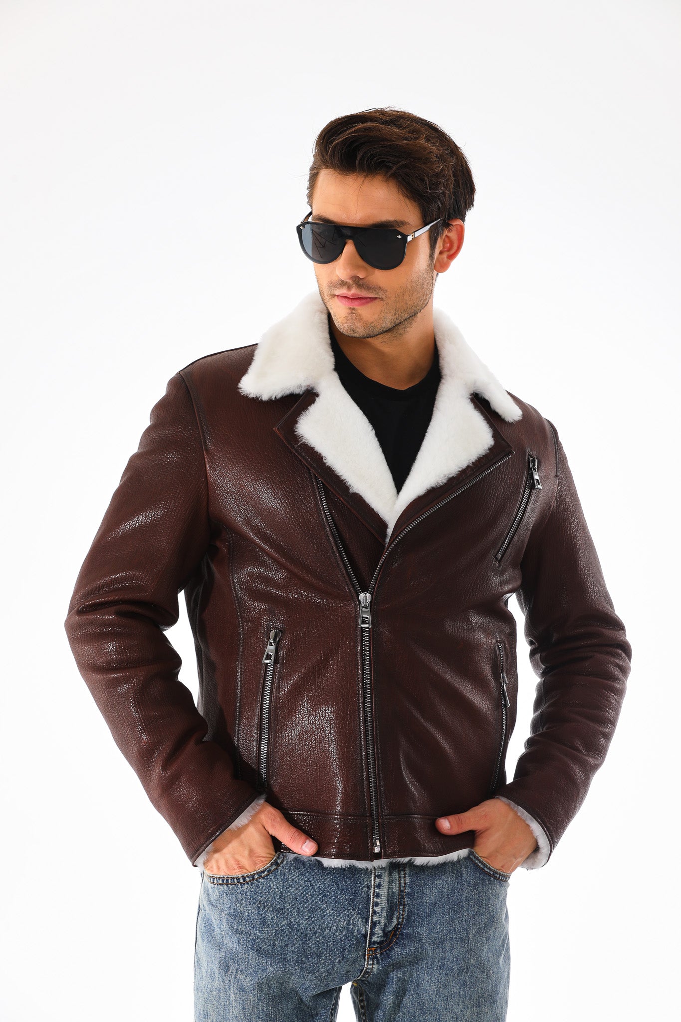 The Cortina Brown & White Shearling Leather Men Jacket