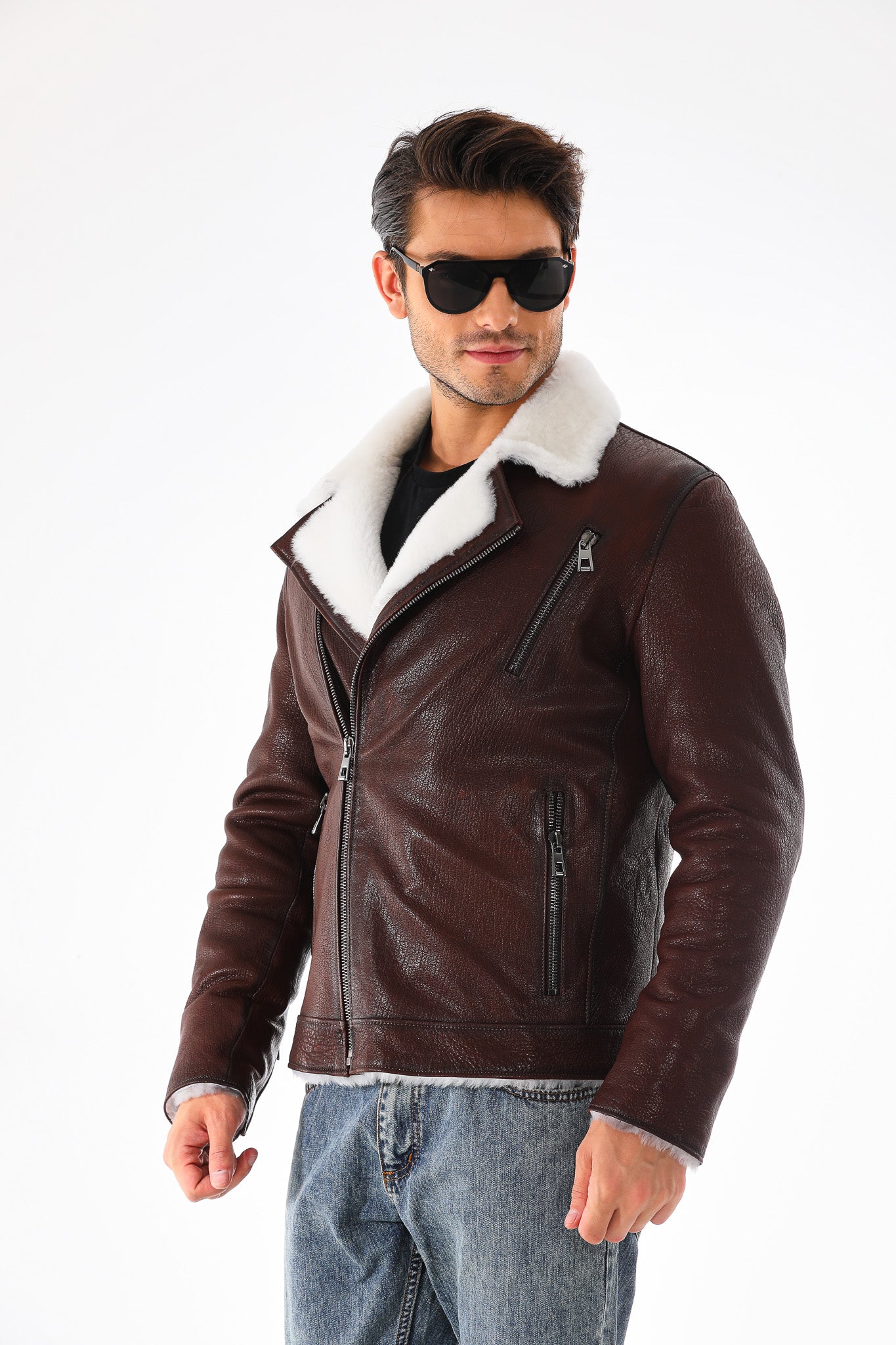The Cortina Brown & White Shearling Leather Men Jacket