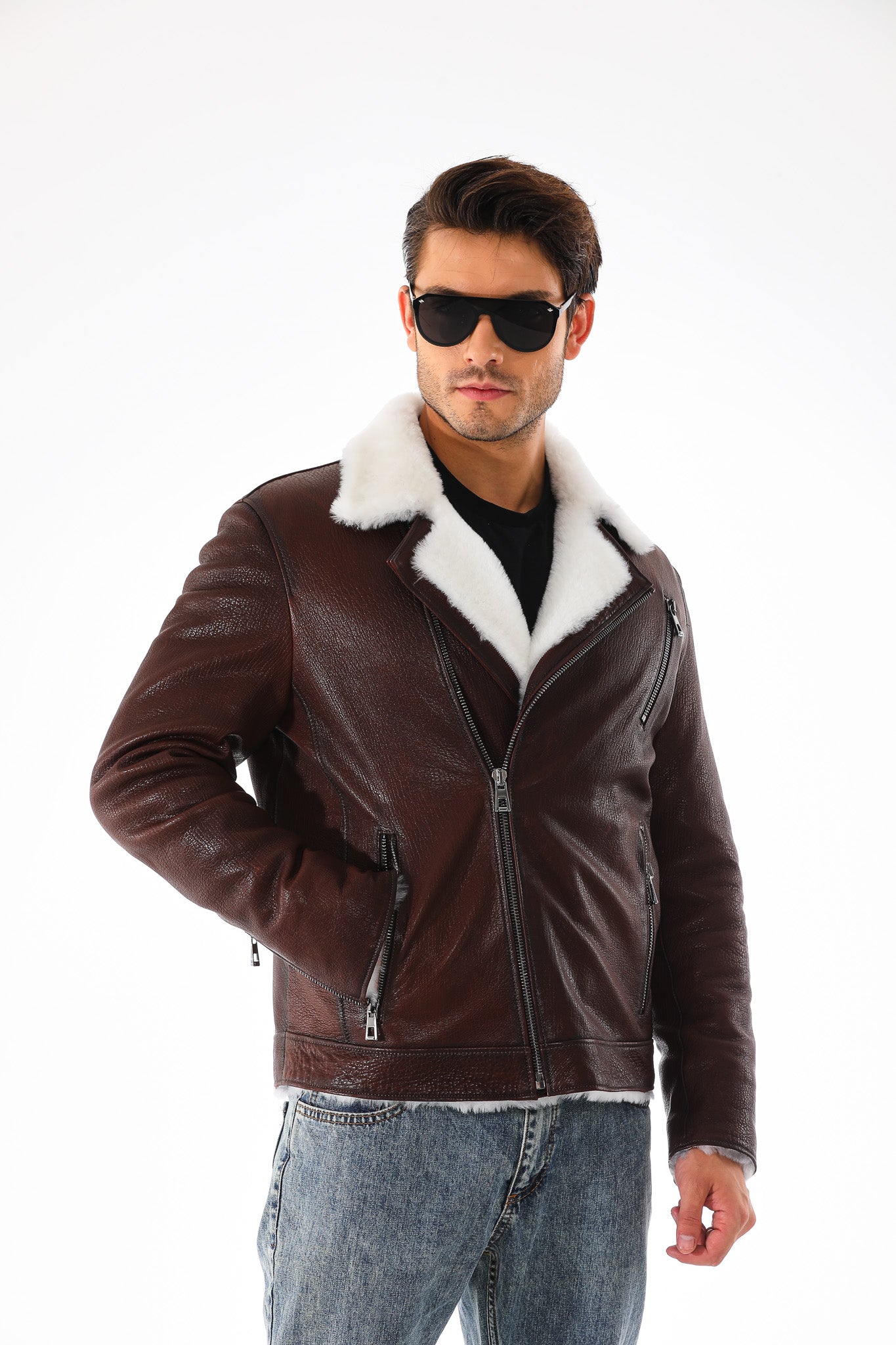 The Cortina Brown & White Shearling Leather Men Jacket
