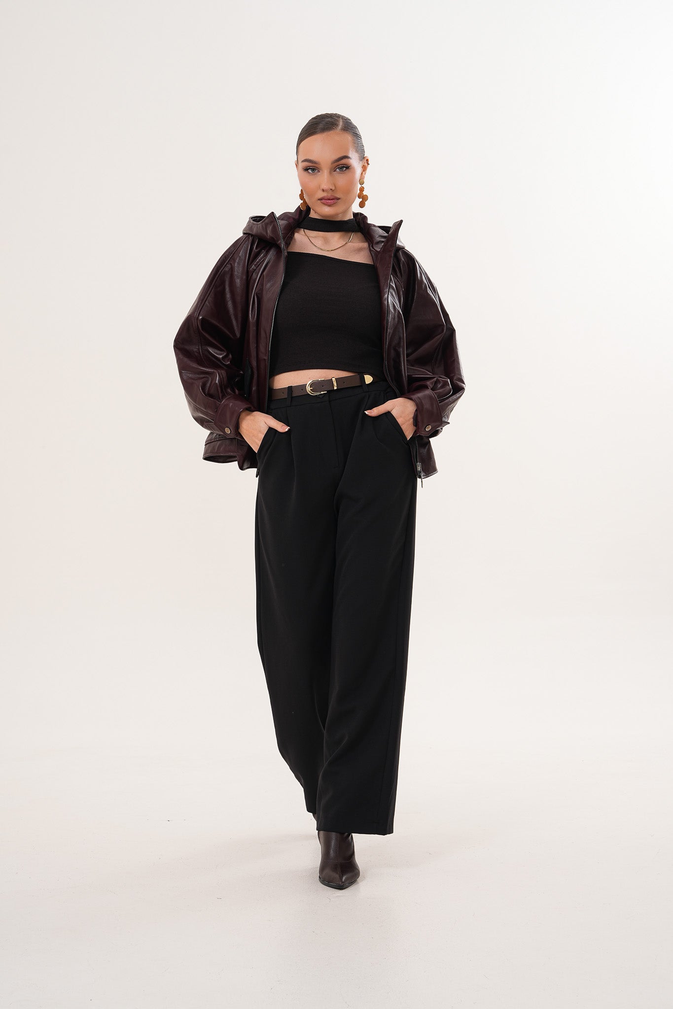 جاكيت نسائي جلدي Marvella باللون بورغندي