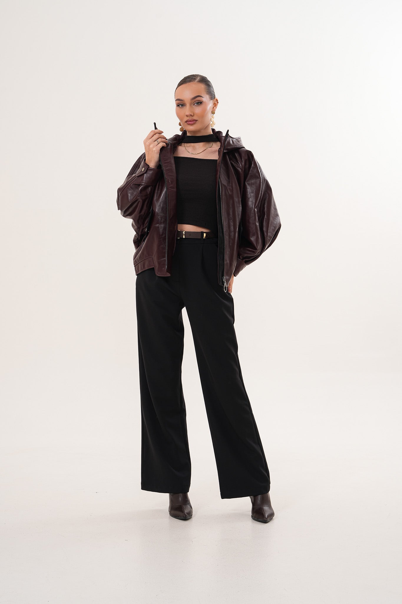 جاكيت نسائي جلدي Marvella باللون بورغندي