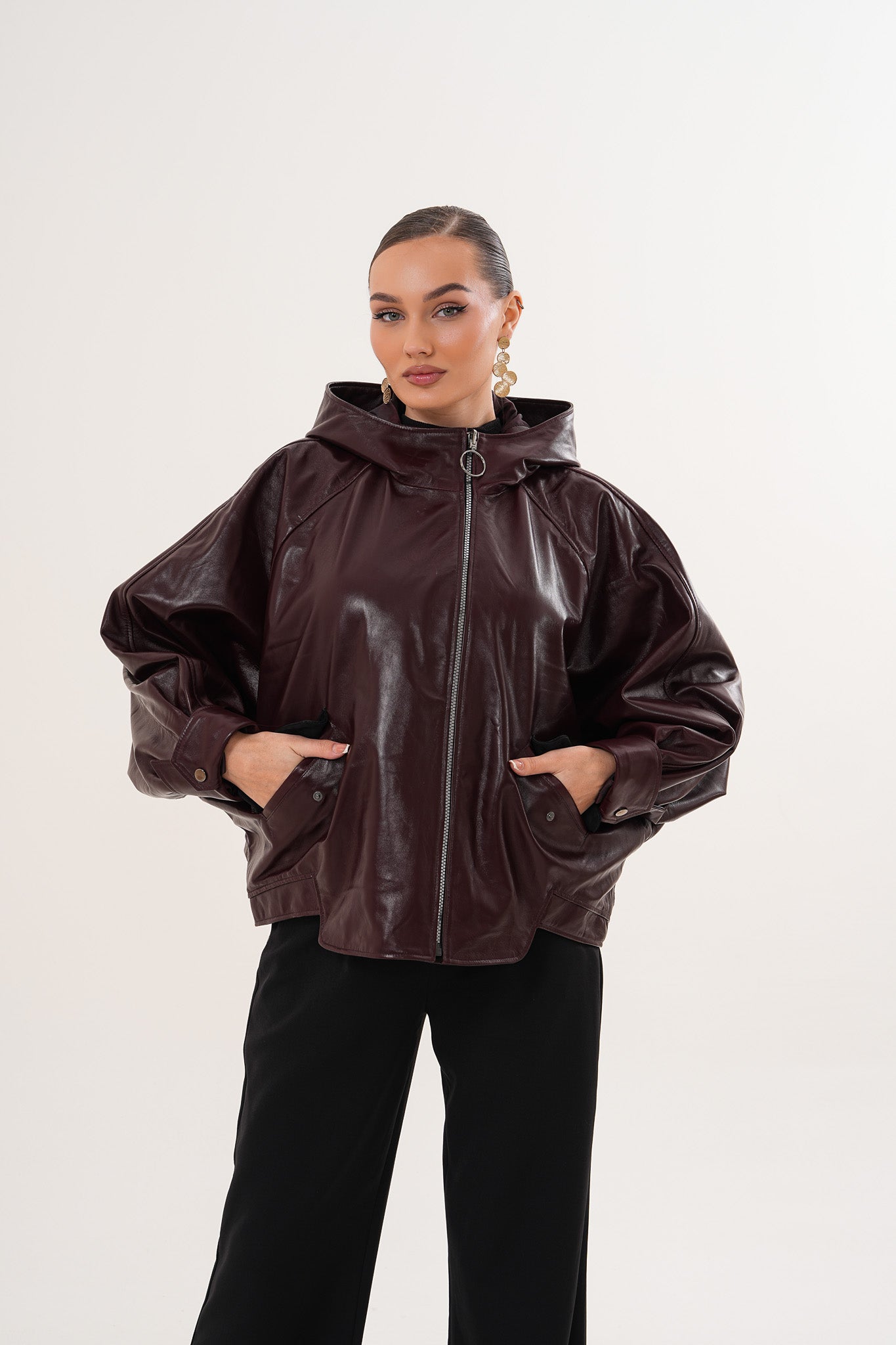 جاكيت نسائي جلدي Marvella باللون بورغندي