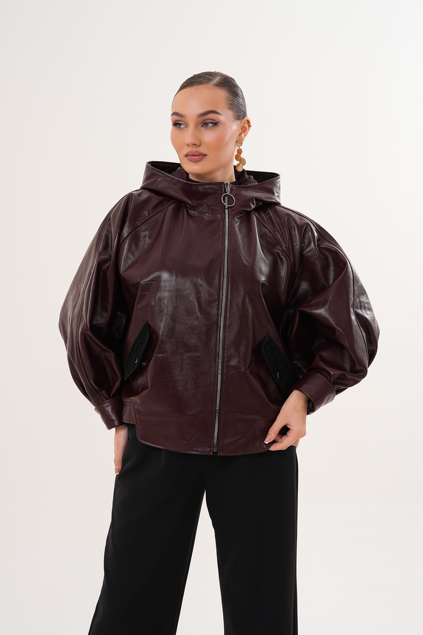 جاكيت نسائي جلدي Marvella باللون بورغندي