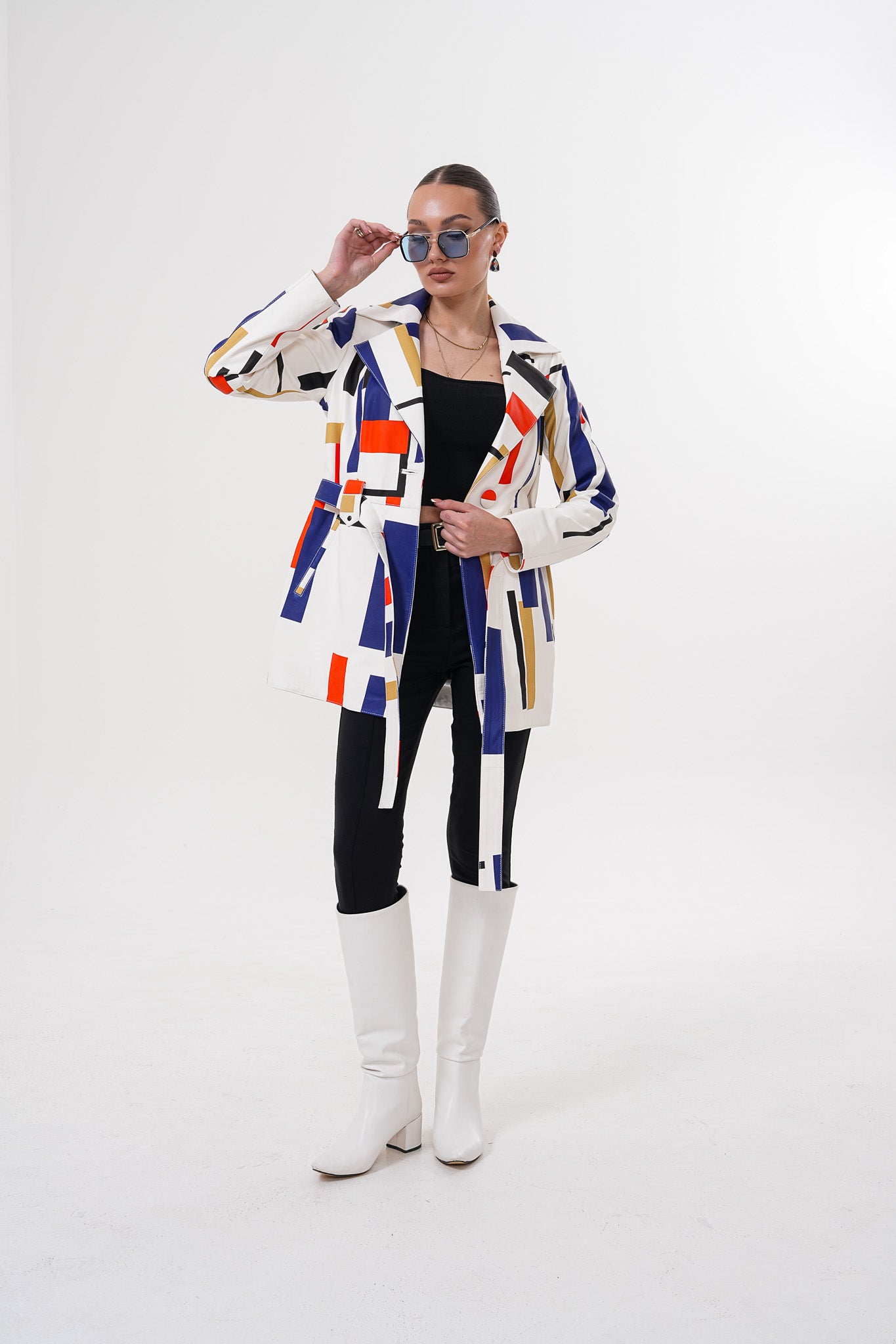 Sienna Abstract Art Leather Women Jacket – Red Navy Edition