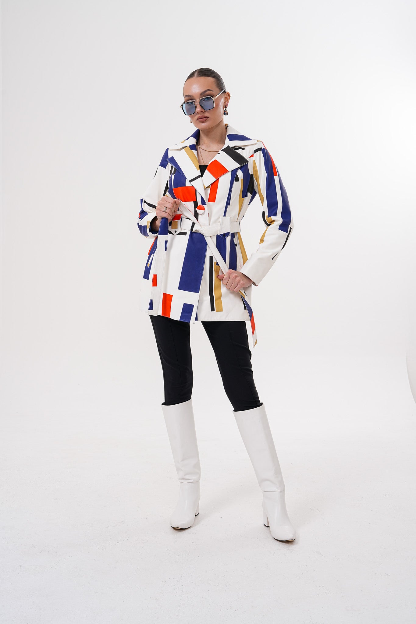 Sienna Abstract Art Leather Women Jacket – Red Navy Edition