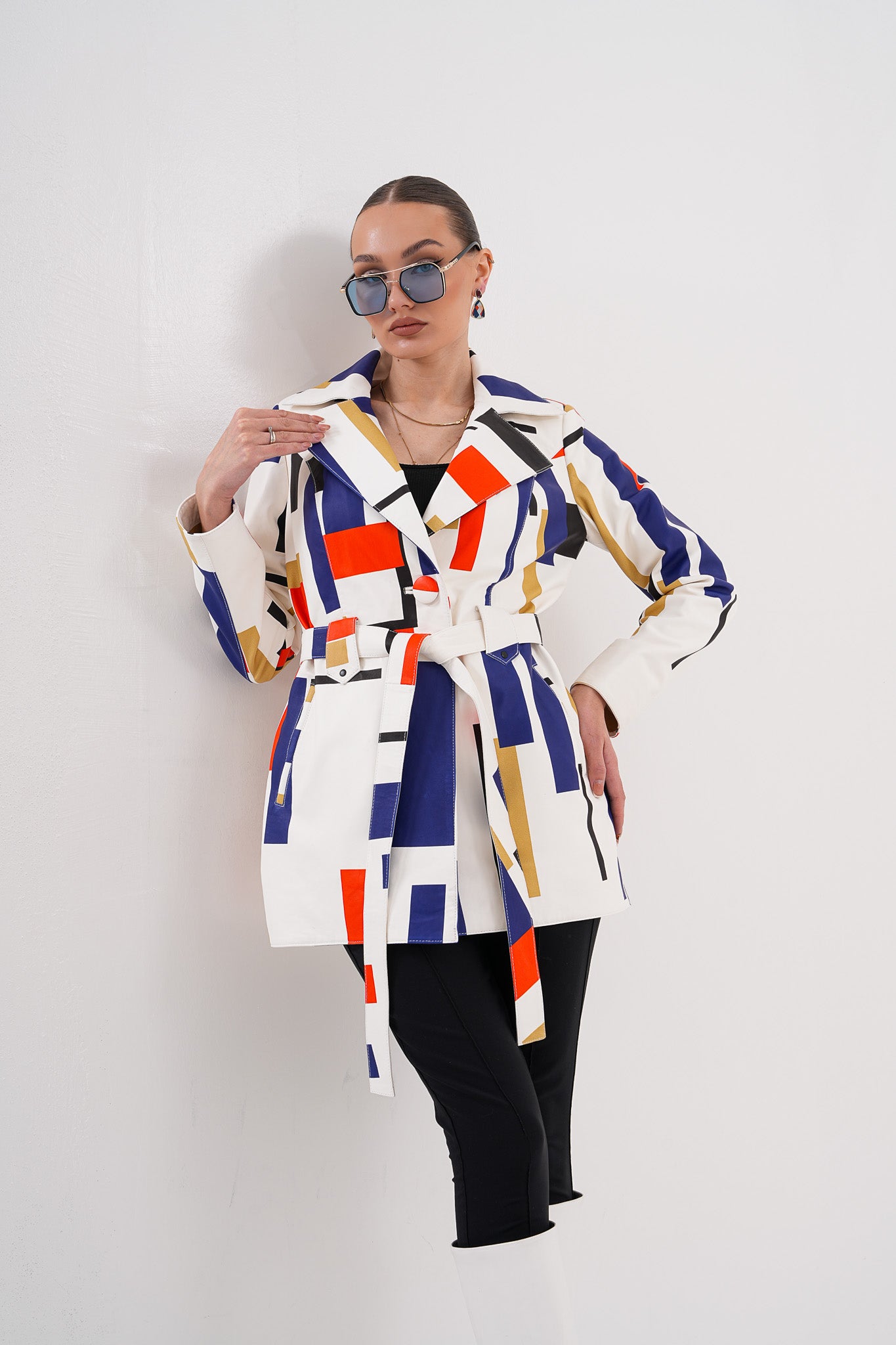 Sienna Abstract Art Leather Women Jacket – Red Navy Edition