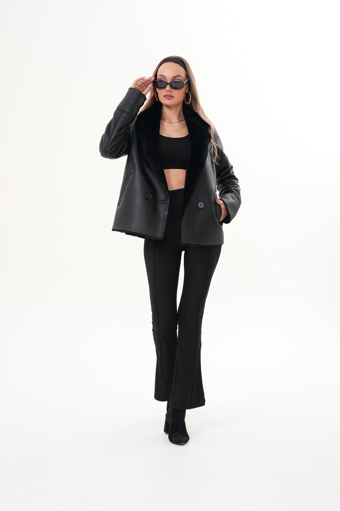 The Zurich Double-Breasted Black Shearling Leather Women Jacket