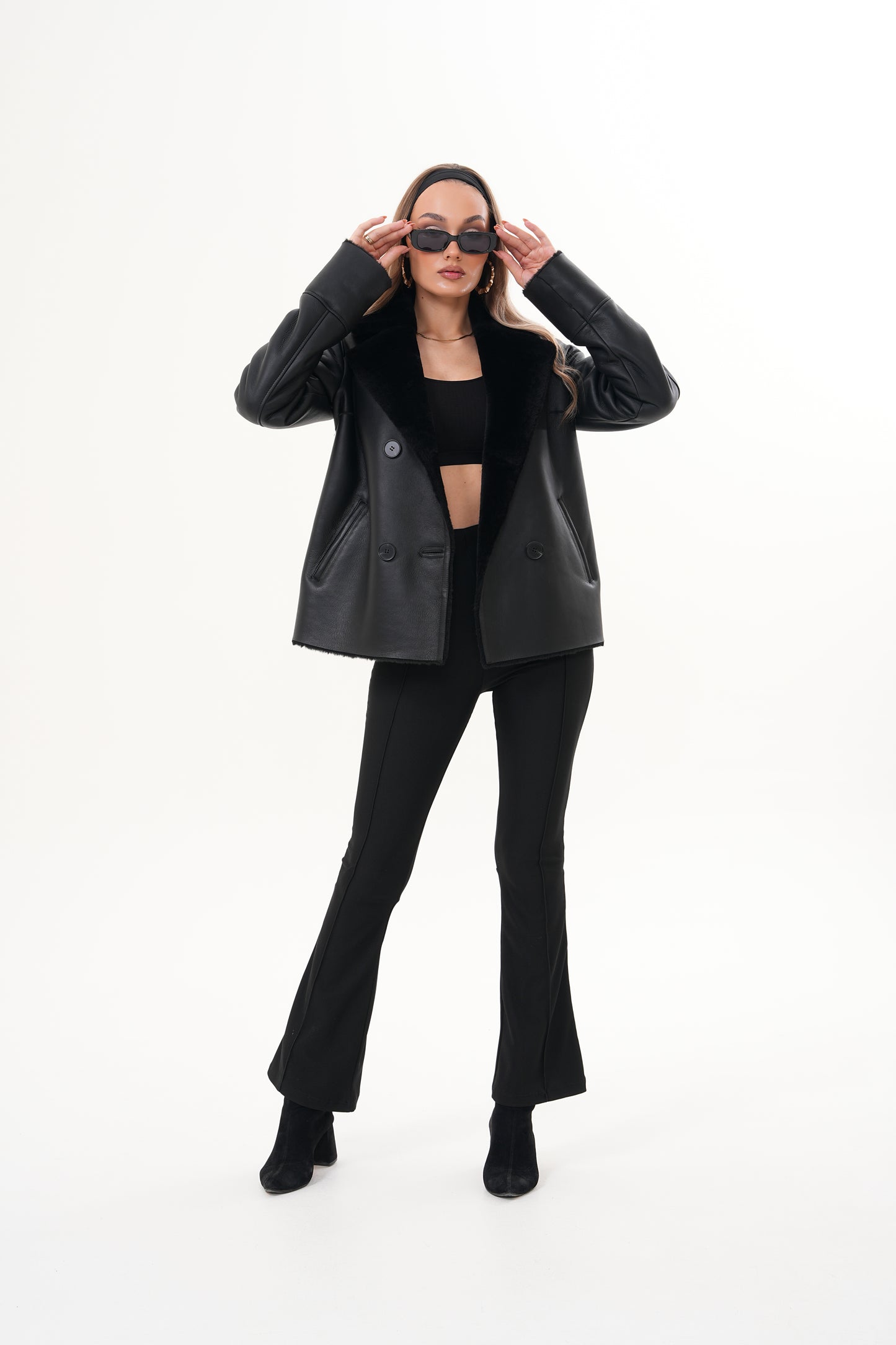 The Zurich Double-Breasted Black Shearling Leather Women Jacket