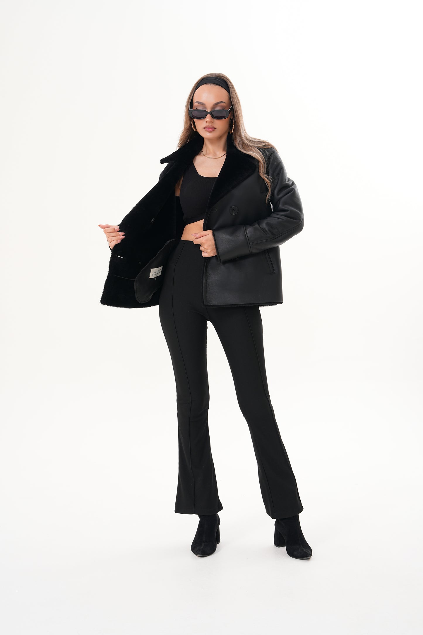 The Zurich Double-Breasted Black Shearling Leather Women Jacket