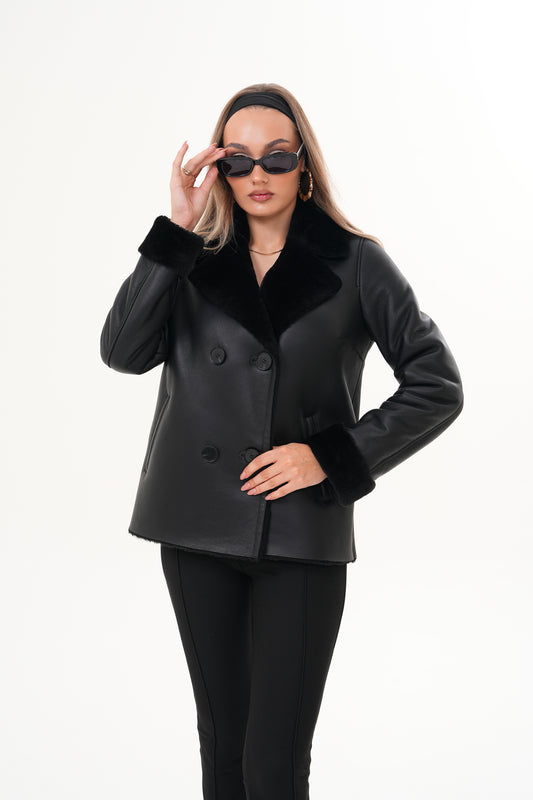 The Zurich Double-Breasted Black Shearling Leather Women Jacket