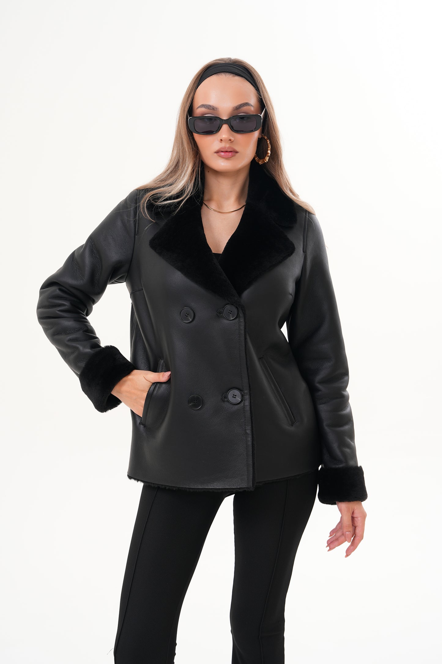 The Zurich Double-Breasted Black Shearling Leather Women Jacket