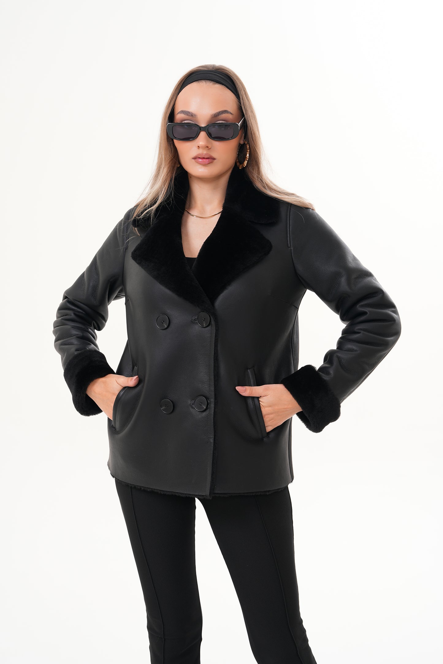 The Zurich Double-Breasted Black Shearling Leather Women Jacket