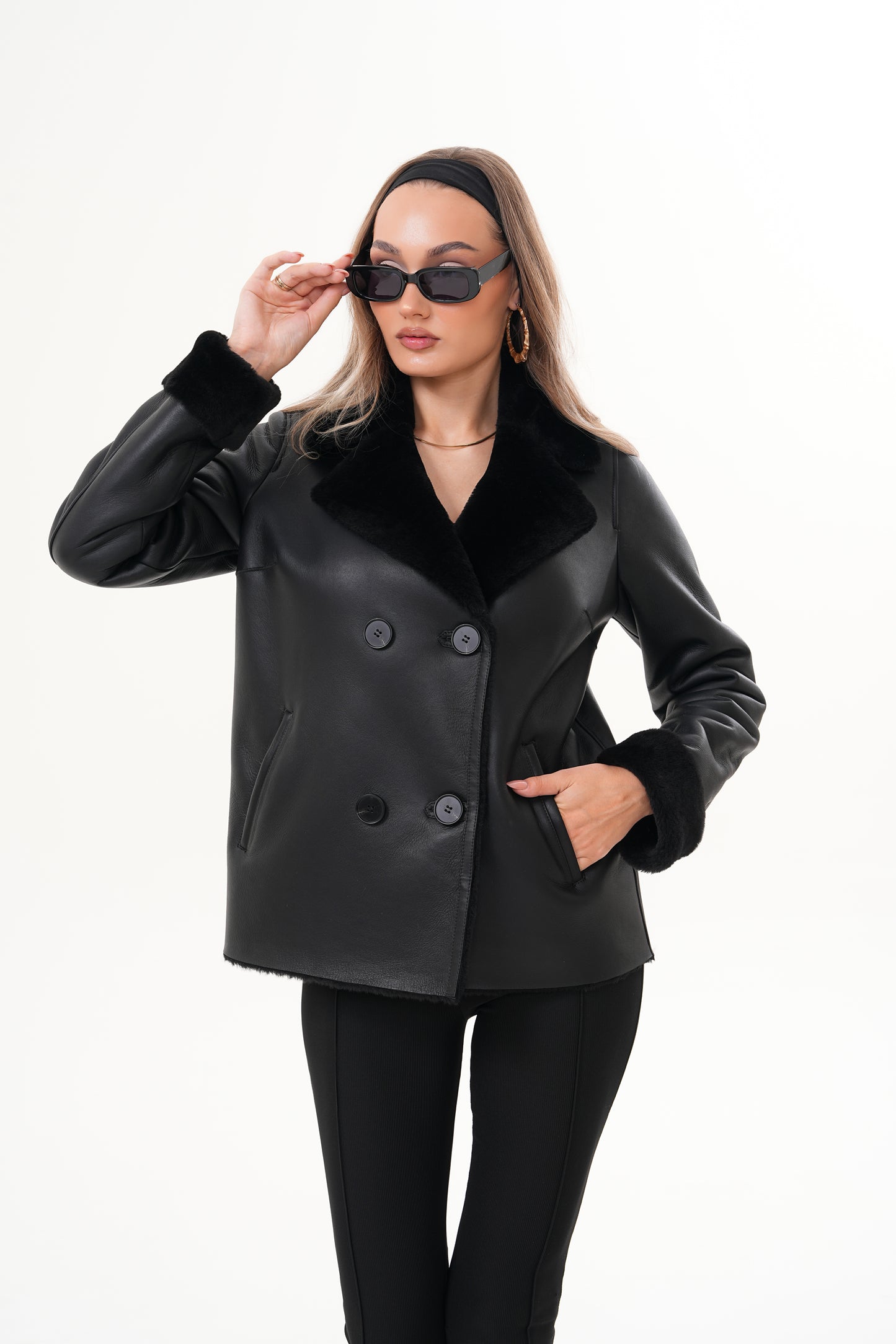 The Zurich Double-Breasted Black Shearling Leather Women Jacket