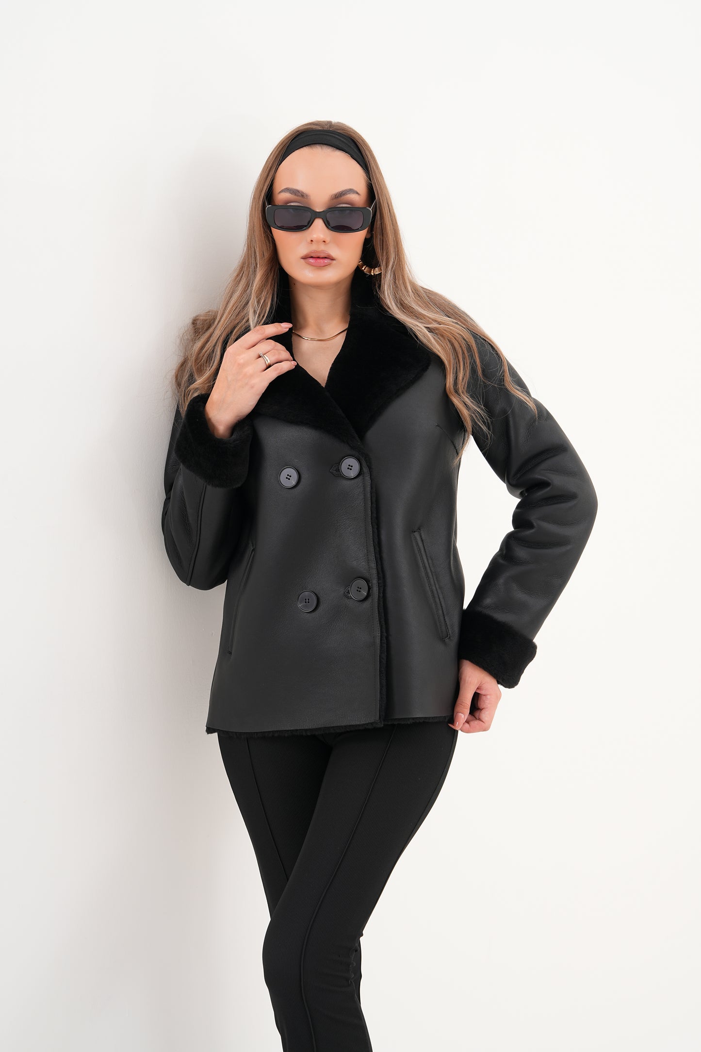 The Zurich Double-Breasted Black Shearling Leather Women Jacket