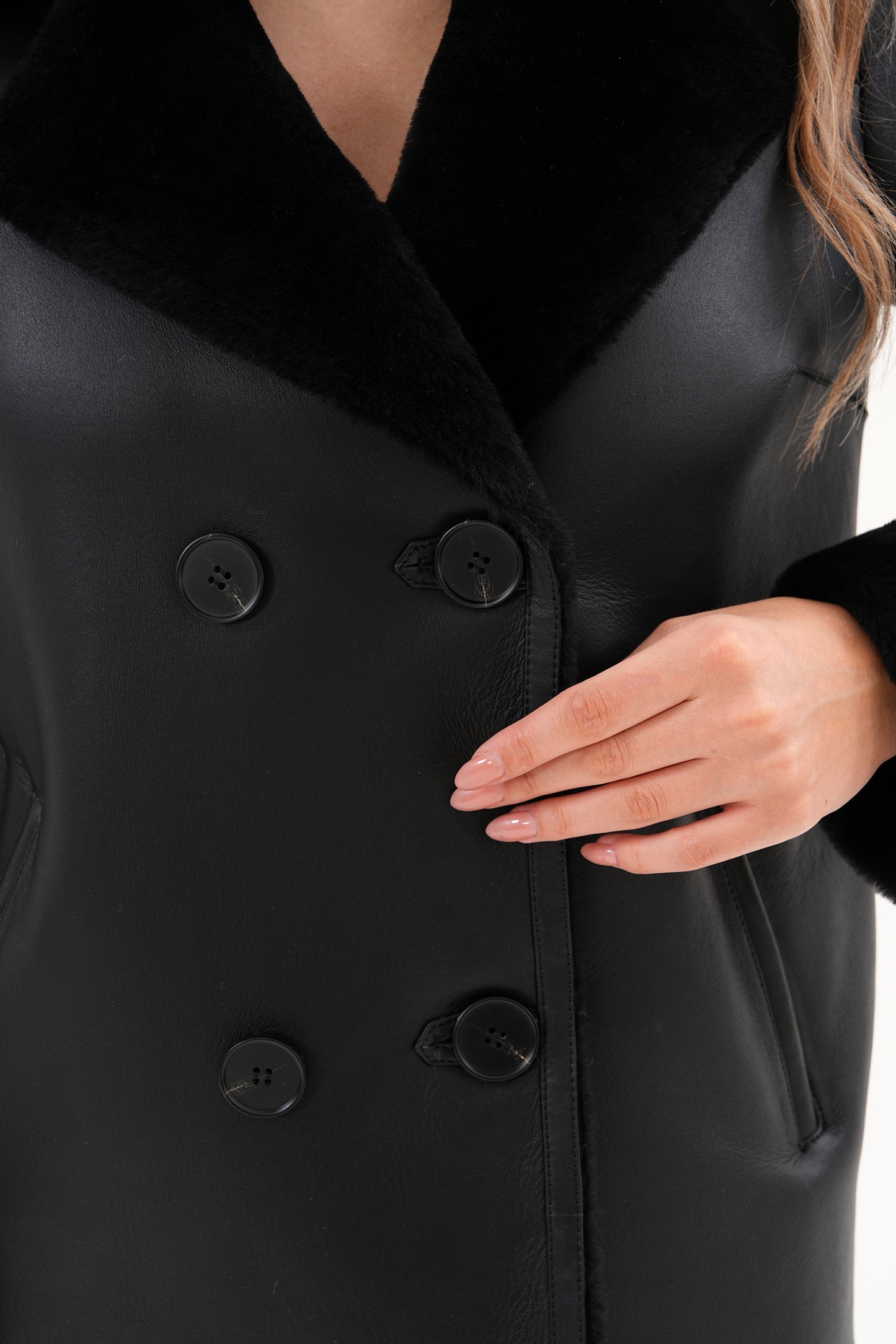 The Zurich Double-Breasted Black Shearling Leather Women Jacket