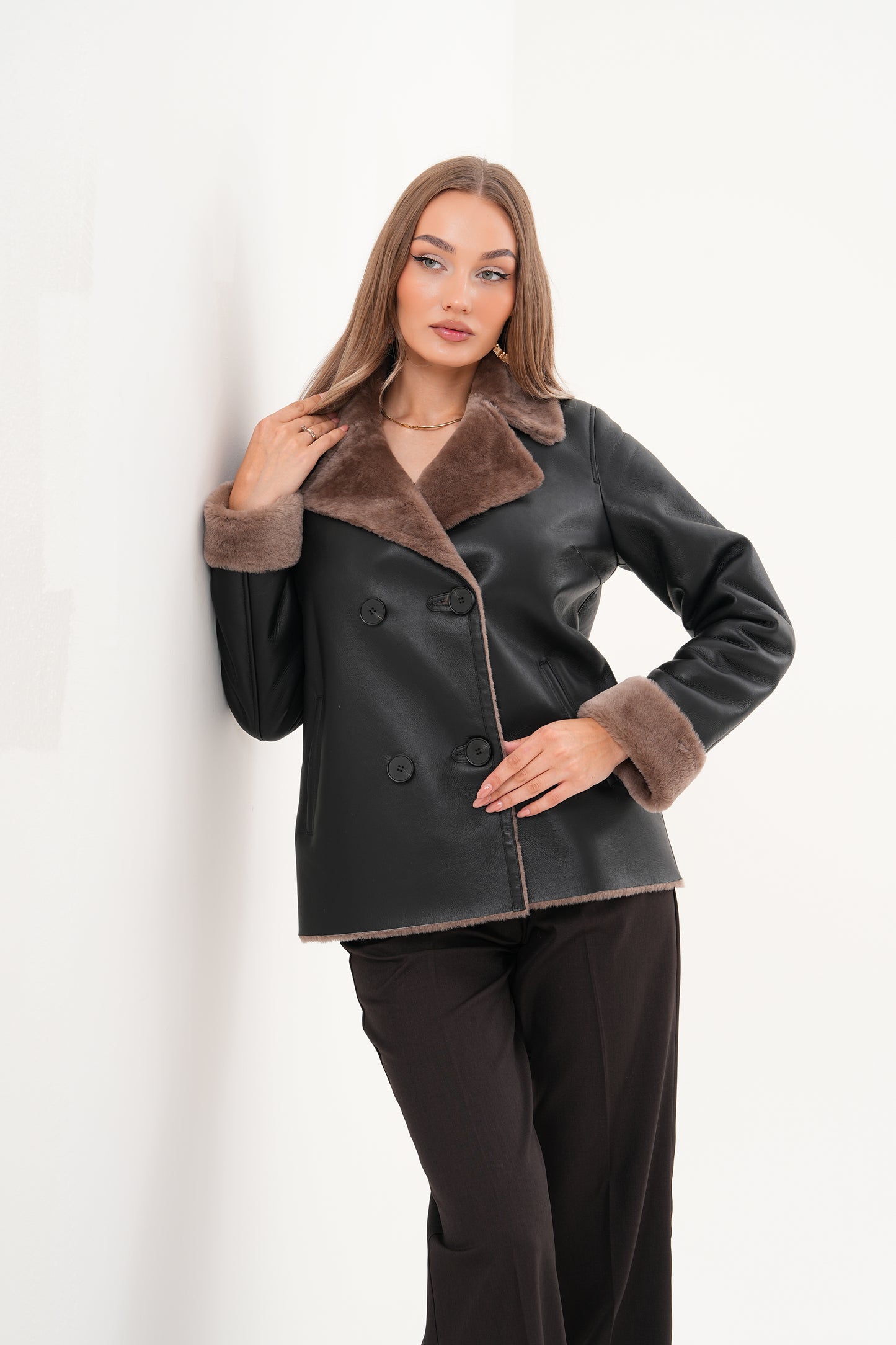 The Zurich Double-Breasted Brown Shearling Collar Leather Women Jacket
