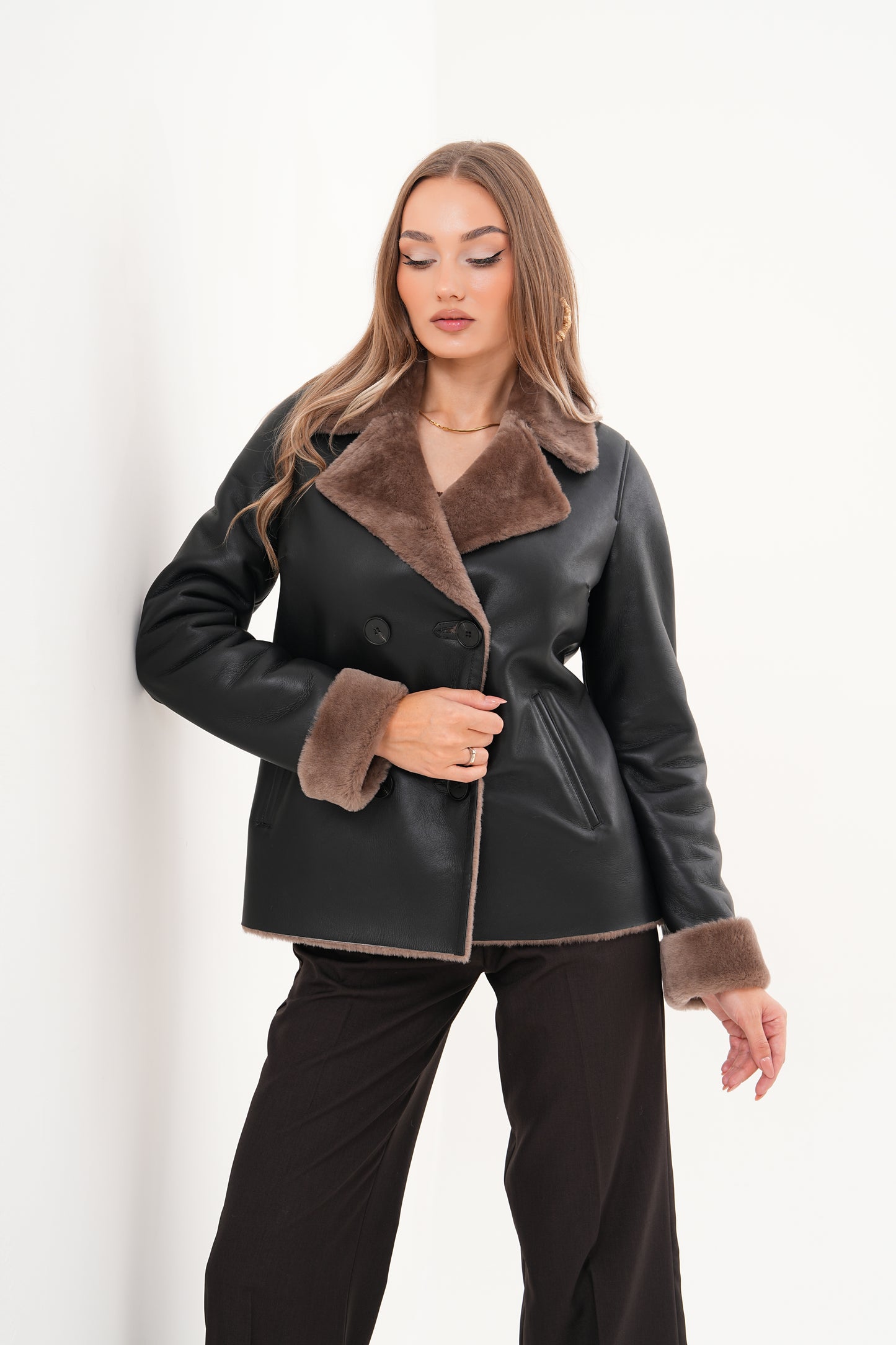 The Zurich Double-Breasted Brown Shearling Collar Leather Women Jacket