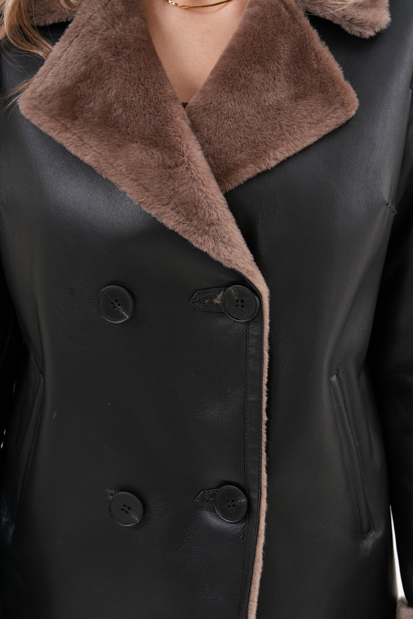 The Zurich Double-Breasted Brown Shearling Collar Leather Women Jacket