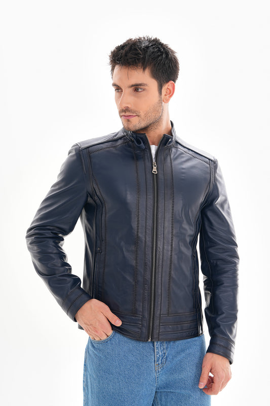 The Arezzo Navy Blue Leather Men Jacket